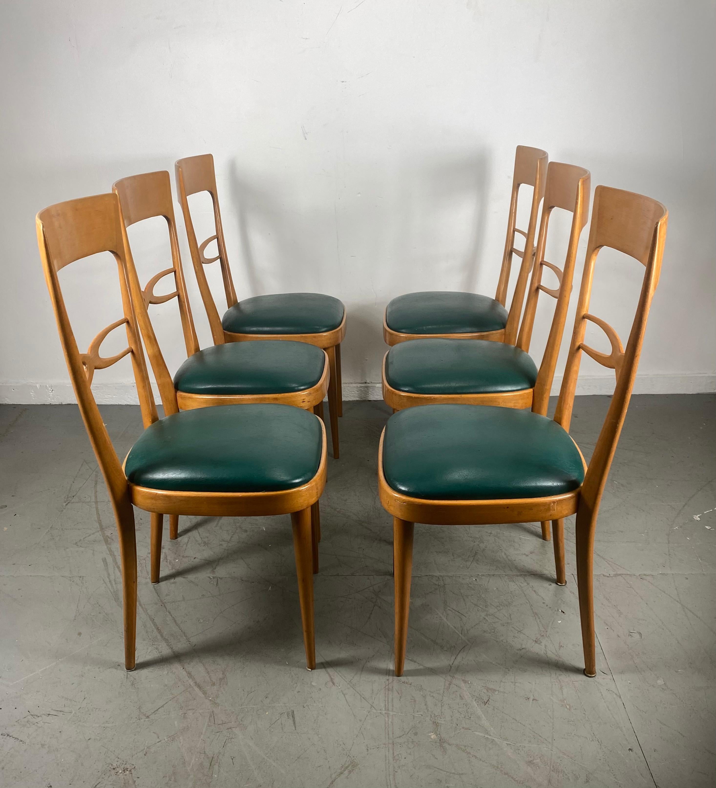 Mid-Century Modern Ensemble de 6 chaises de salle à manger italiennes modernistes du milieu du siècle dernier, début des années 1950, bois de hêtre
