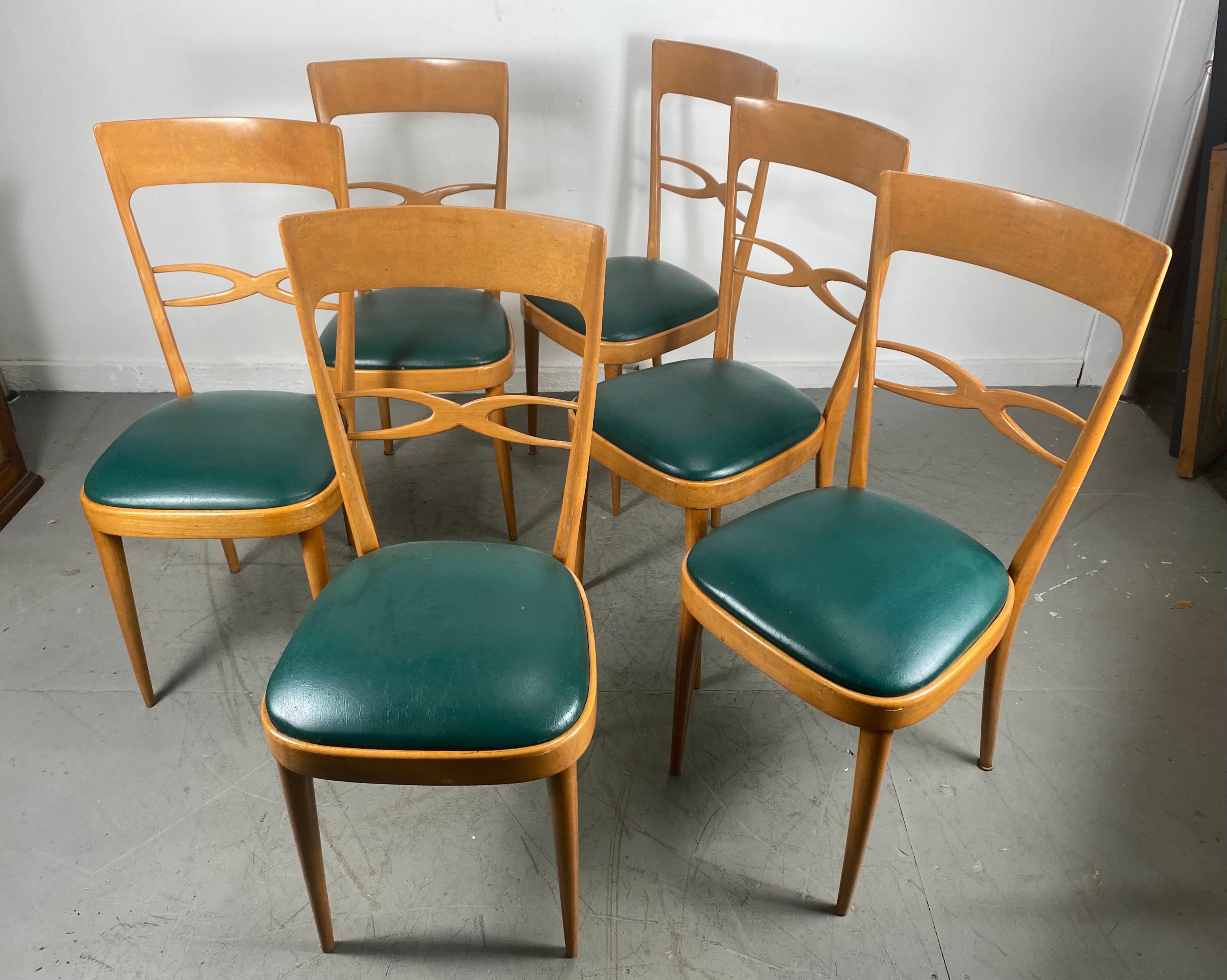 Set 6 Mid Century Modernist Italian Dining Chairs, Early 1950s, Beech Wood In Good Condition In Buffalo, NY