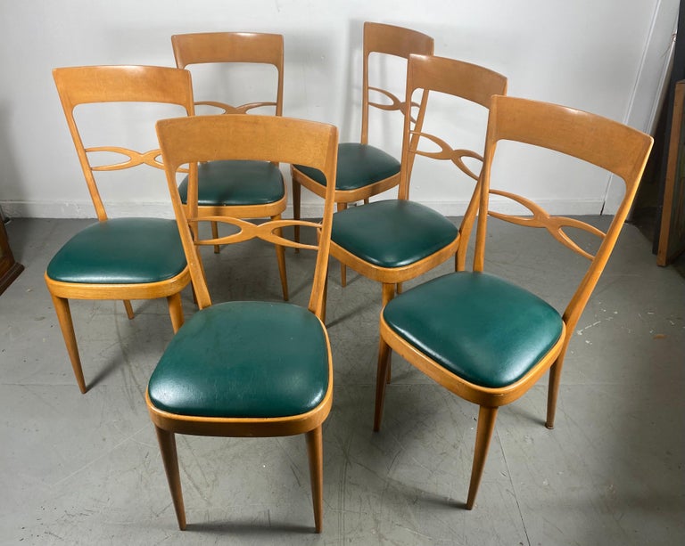 Set 6 Mid Century Modernist Italian Dining Chairs, Early 1950s, Beech Wood In Good Condition For Sale In Buffalo, NY