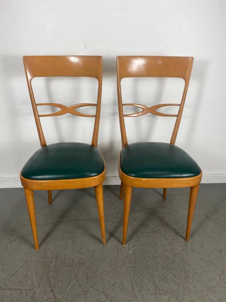 Naugahyde Set 6 Mid Century Modernist Italian Dining Chairs, Early 1950s, Beech Wood For Sale
