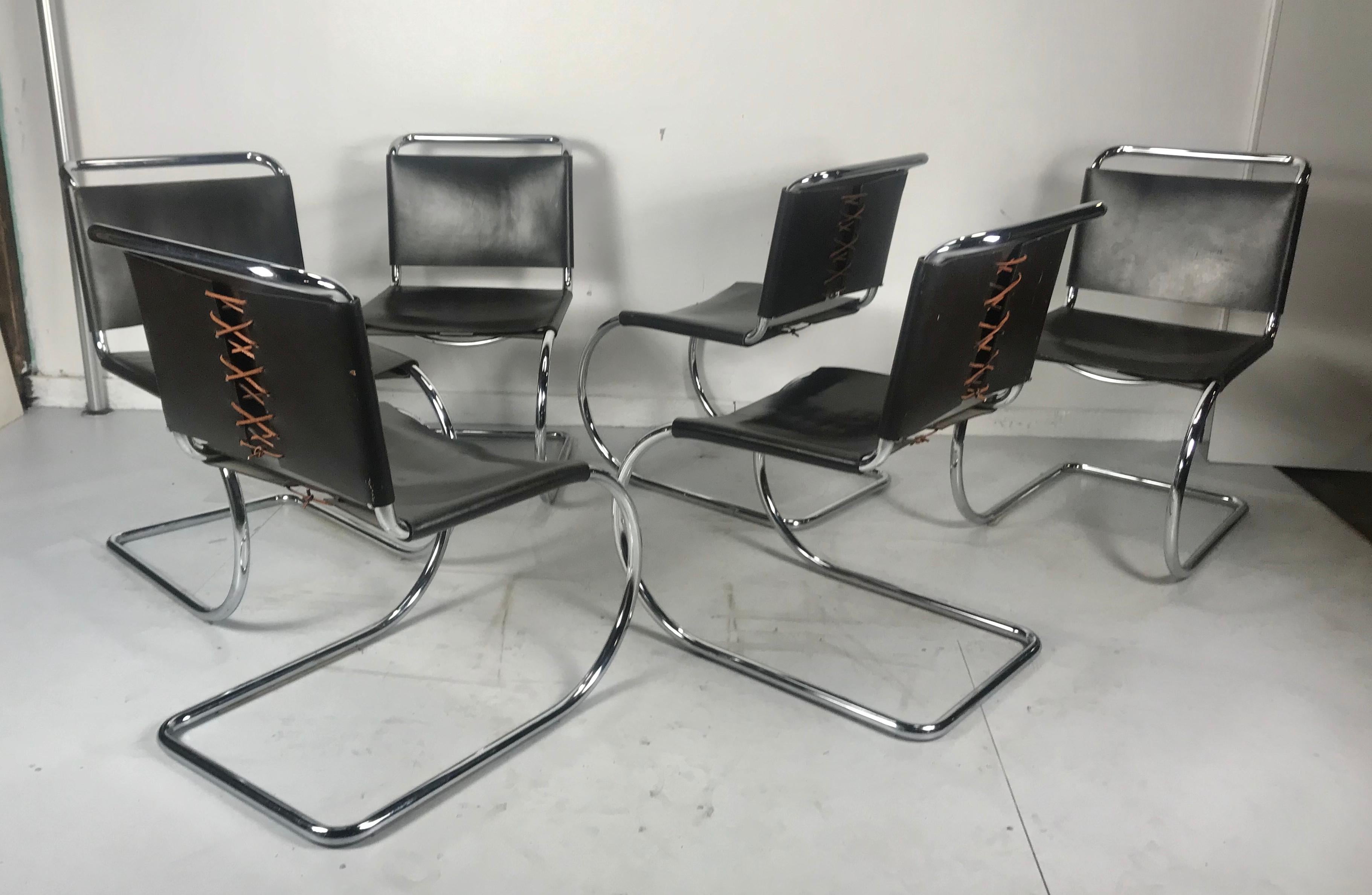 Leather Set 6 Mies van der Rohe MR10 Chairs for Knoll International, black leather