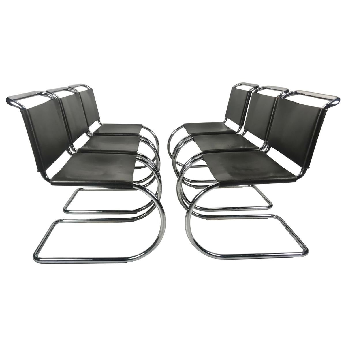 Set 6 Mies van der Rohe MR10 Chairs for Knoll International, black leather