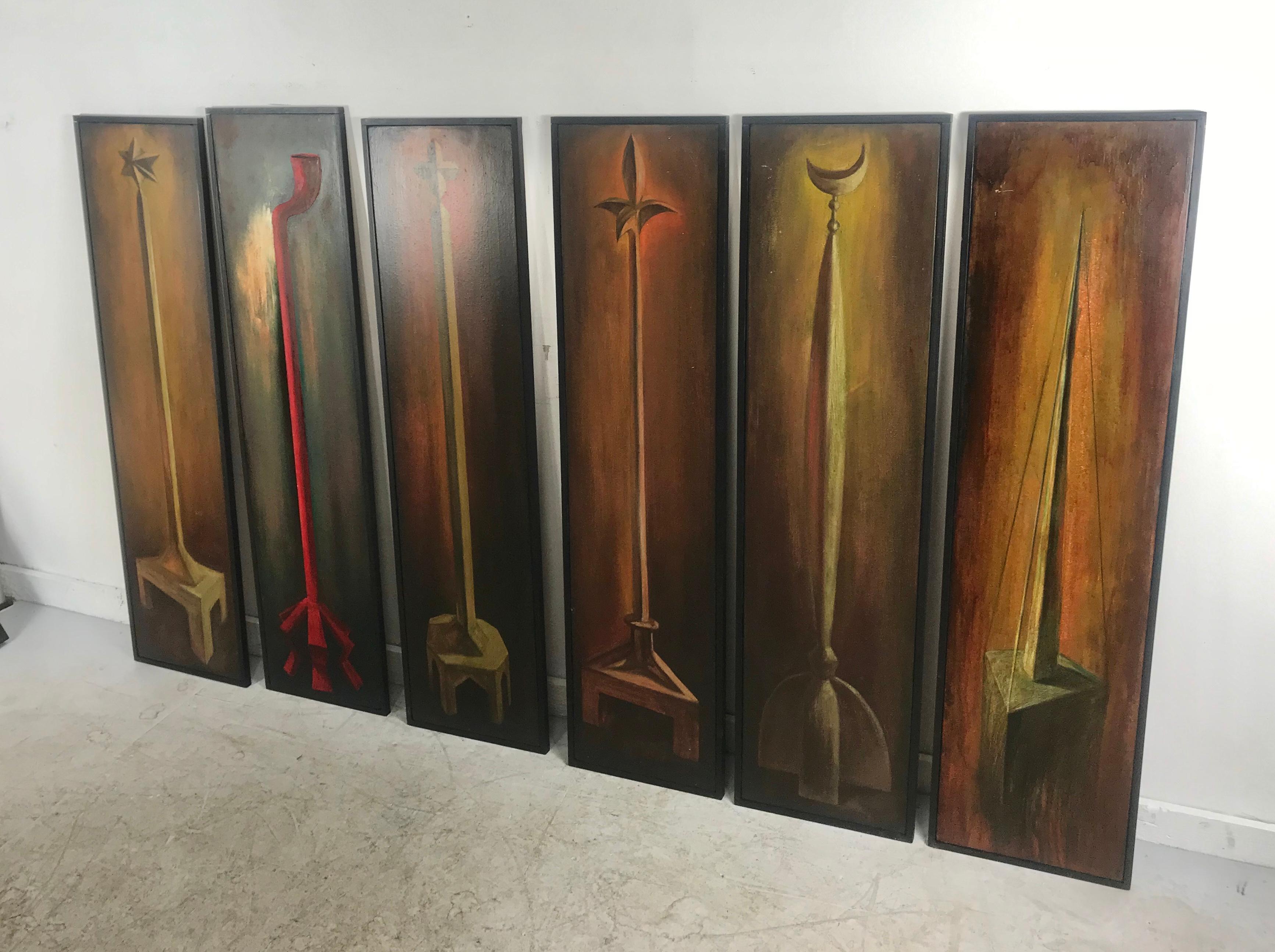 Américain Ensemble de 6 peintures à l'huile sur bois d'art populaire moderniste exécutées à la main par Endi Poskovic en vente