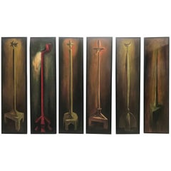 Set of 6 Modernist Folk Art Oil on Wood Paintings Hand Executed by Endi Poskovic