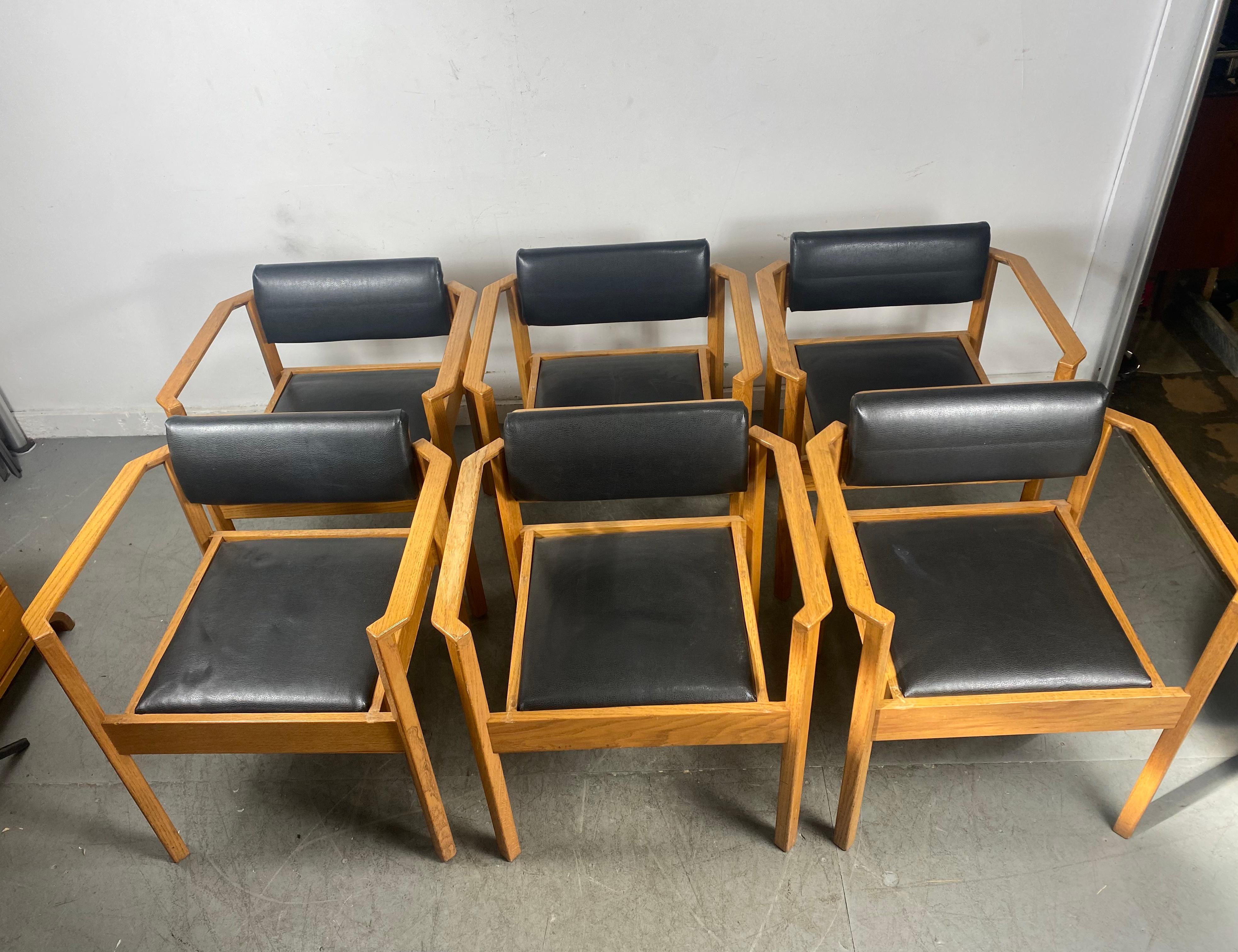 Set 6 Modernist Oak and Leather Stacking/Dining Chairs After Frank Lloyd Wright 4