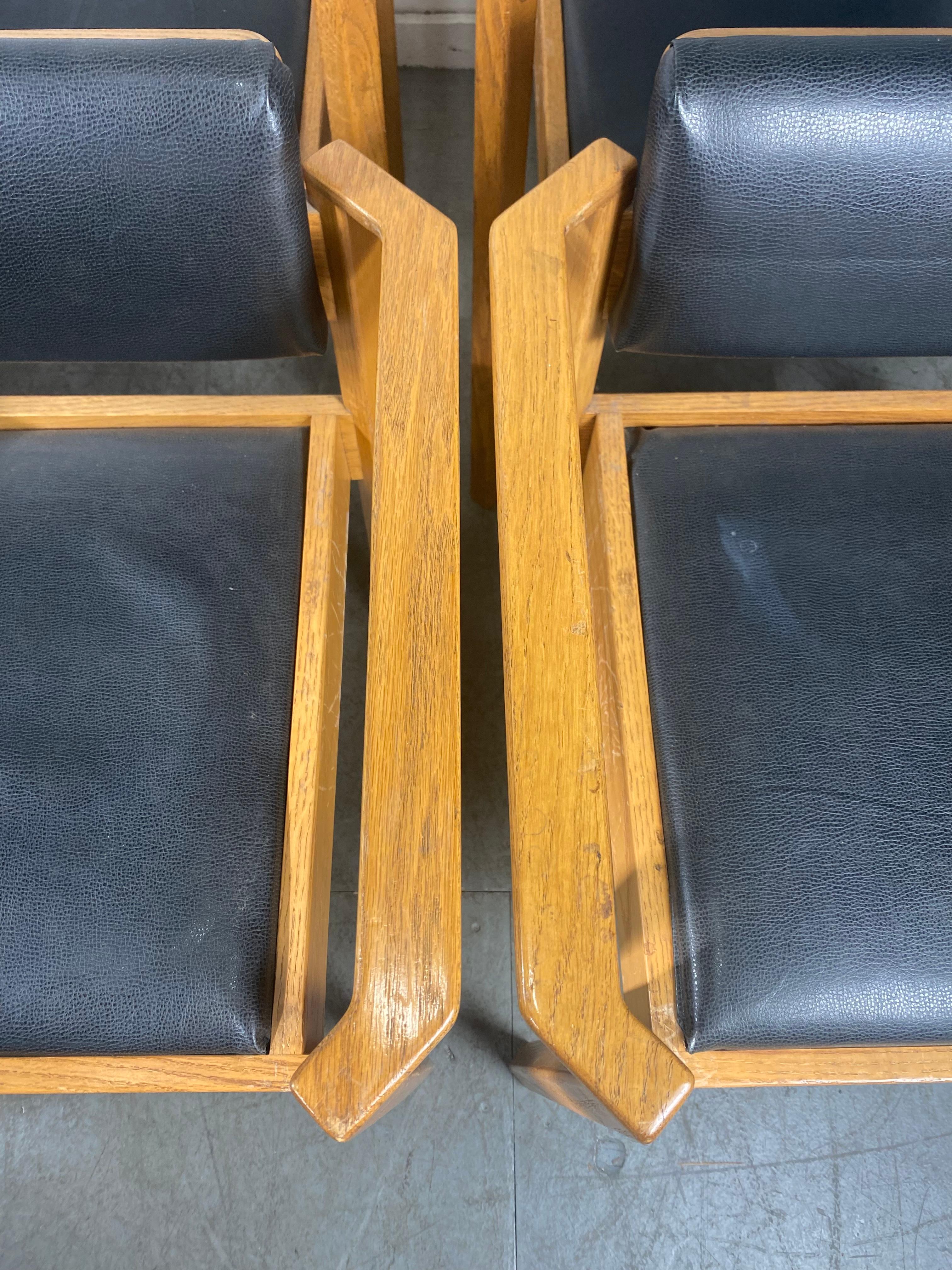 Set 6 Modernist Oak and Leather Stacking/Dining Chairs After Frank Lloyd Wright 5