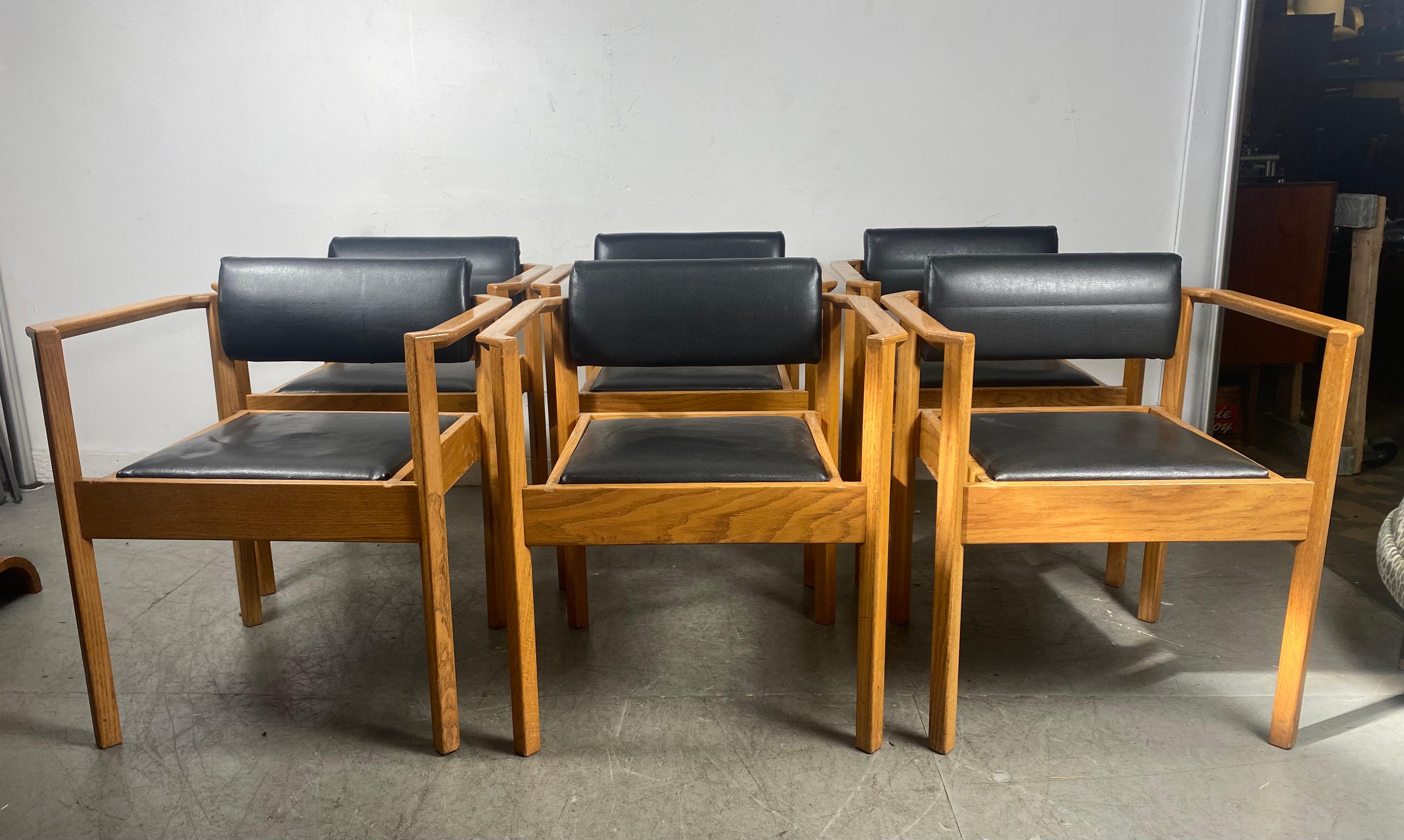 Set 6 Modernist Oak and Leather Stacking/Dining Chairs After Frank Lloyd Wright 6