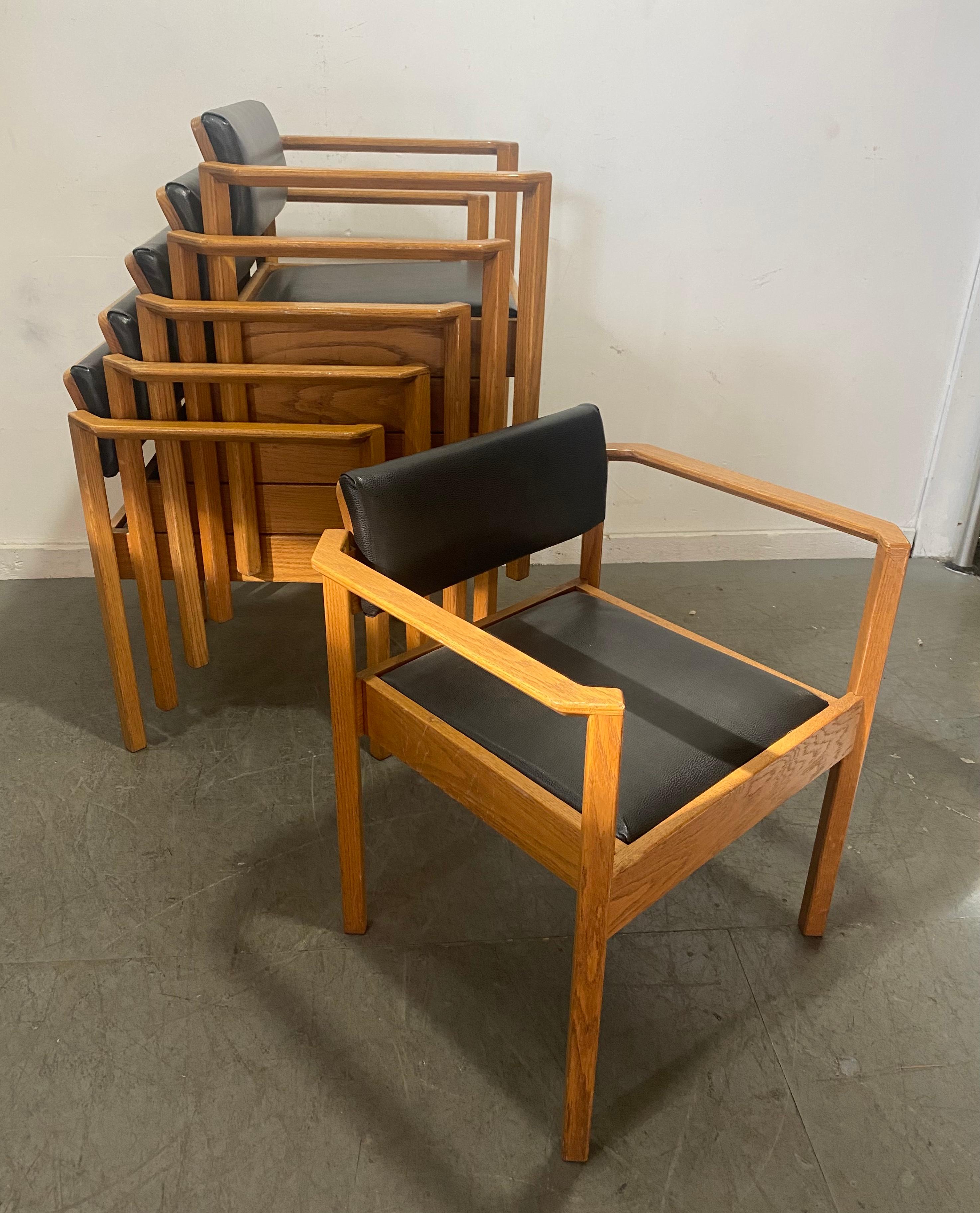 Mid-Century Modern Set 6 Modernist Oak and Leather Stacking/Dining Chairs After Frank Lloyd Wright