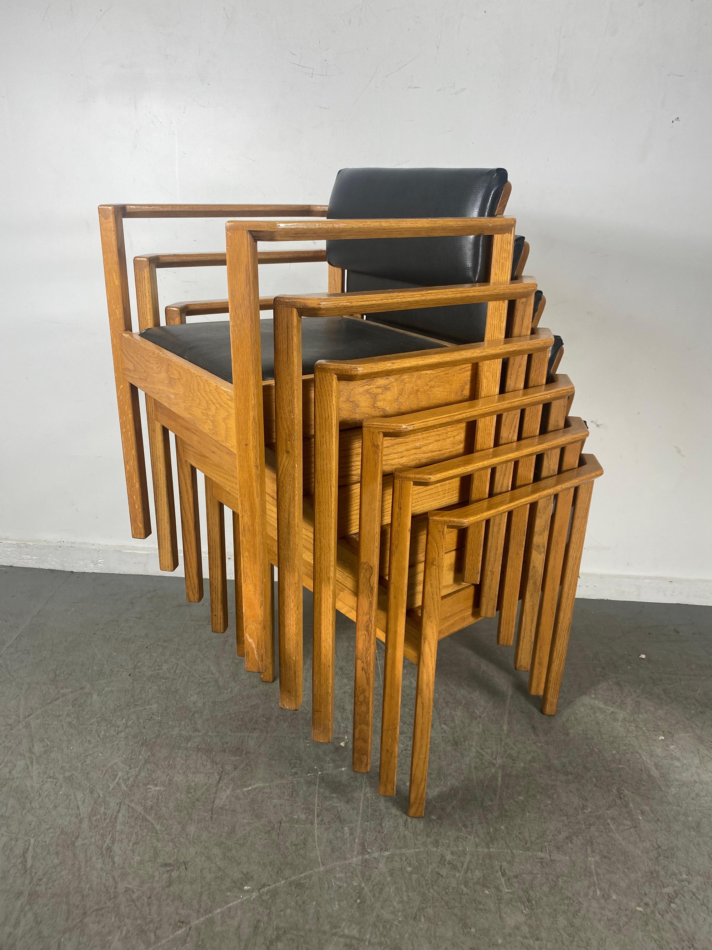 Mid-20th Century Set 6 Modernist Oak and Leather Stacking/Dining Chairs After Frank Lloyd Wright