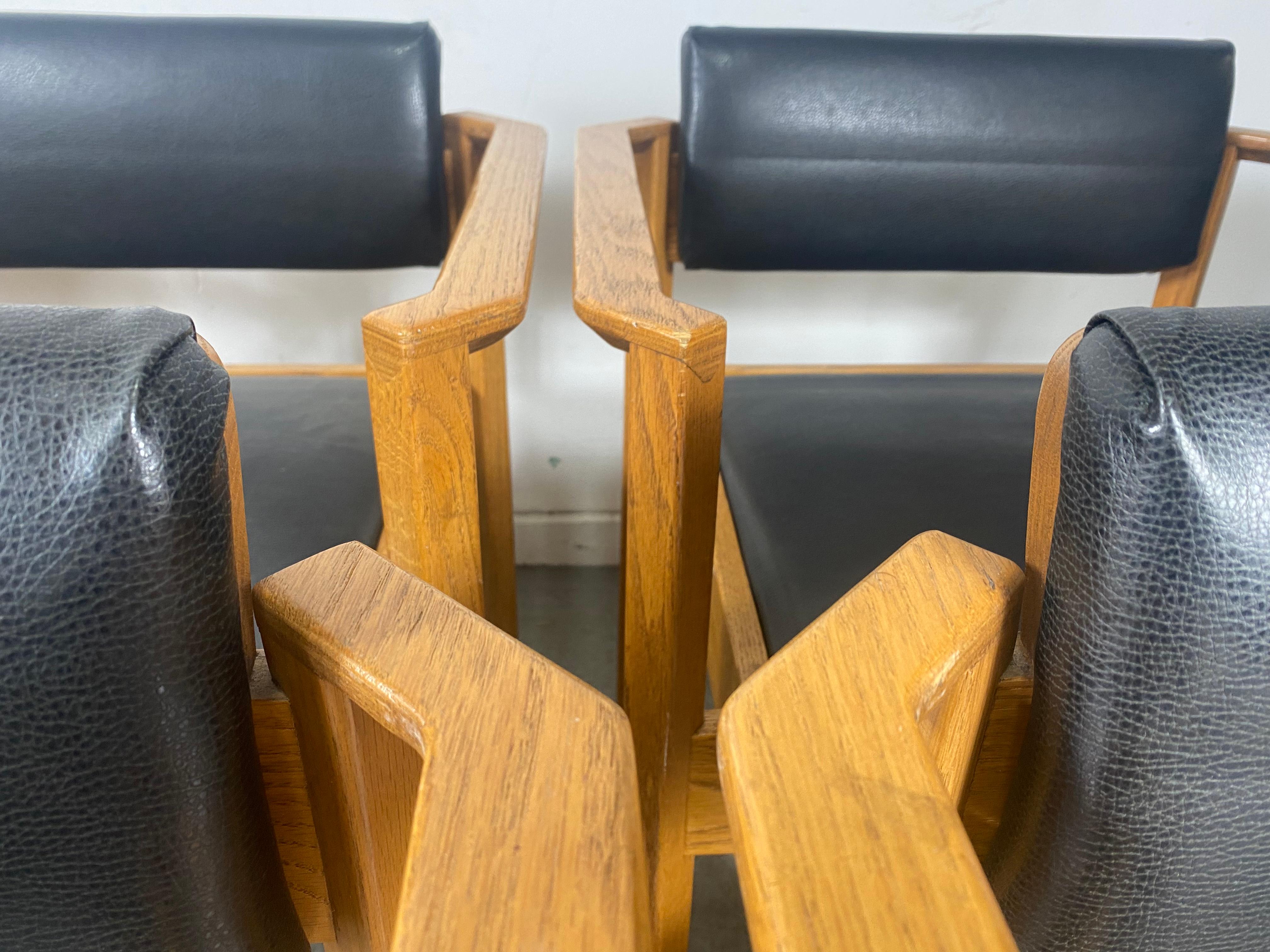 Set 6 Modernist Oak and Leather Stacking/Dining Chairs After Frank Lloyd Wright 2