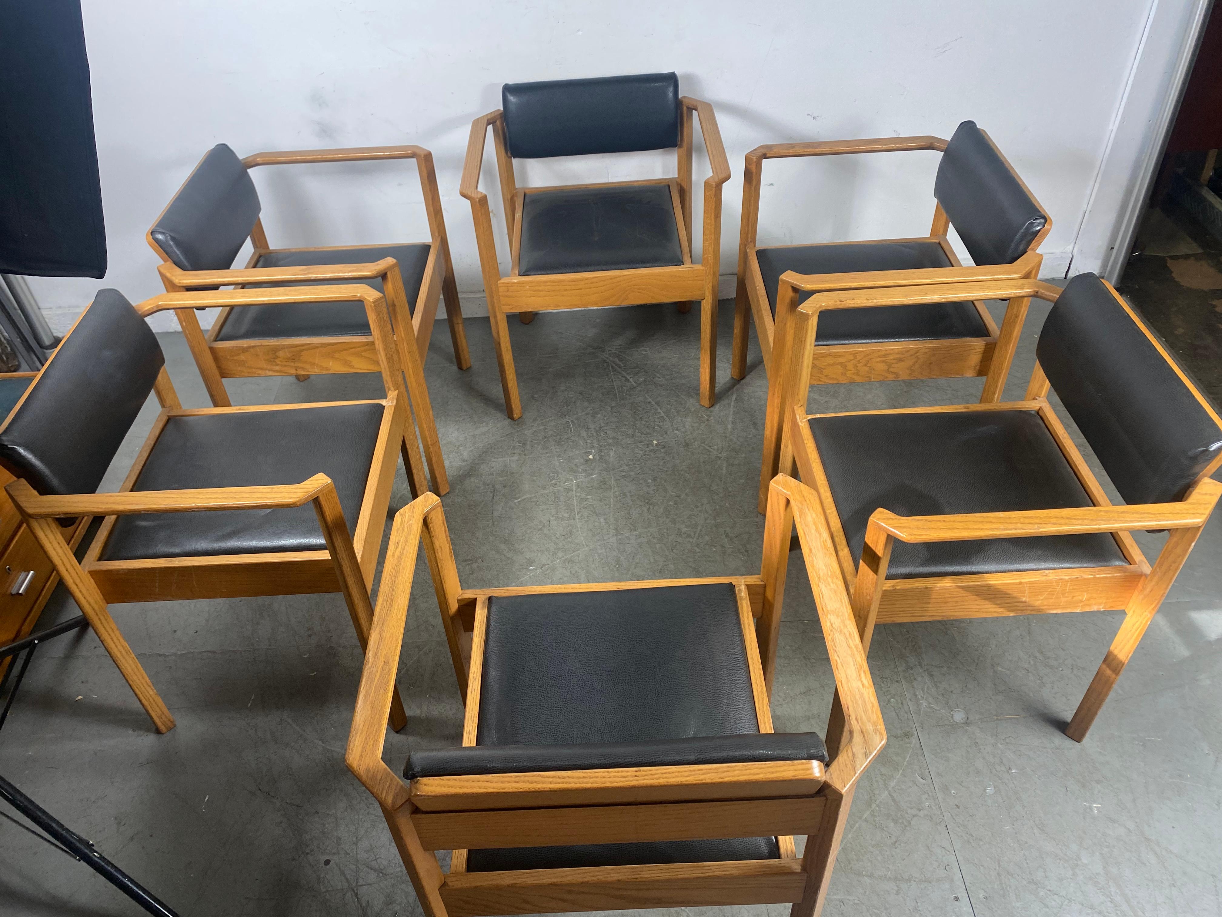 Set 6 Modernist Oak and Leather Stacking/Dining Chairs After Frank Lloyd Wright 3