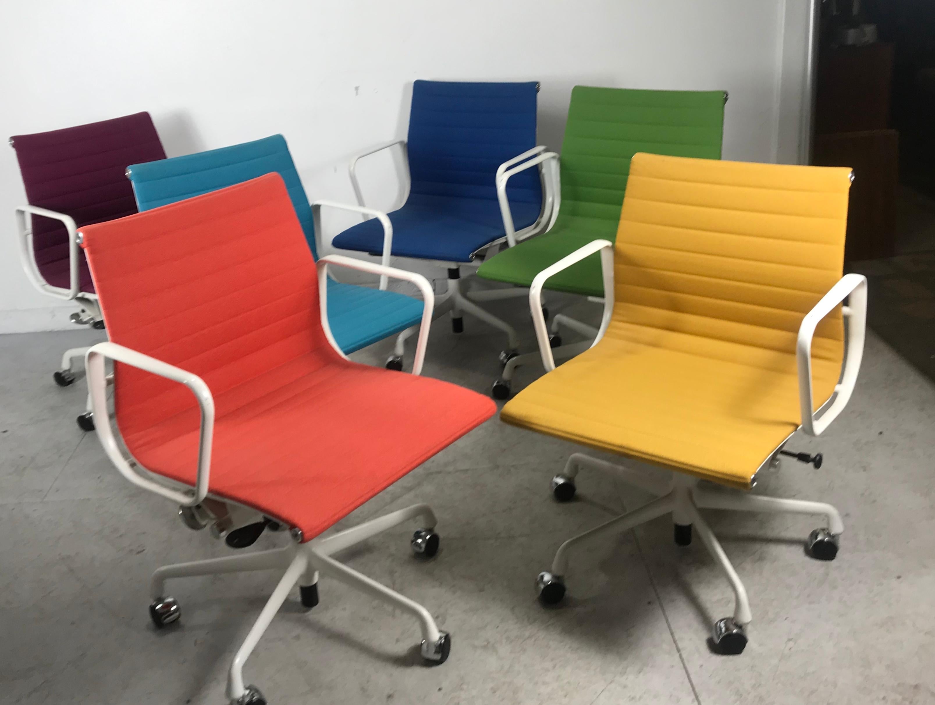 American Set 6 Multi-Color Charles Eames Aluminum Group Armchairs, Tilt Swivel