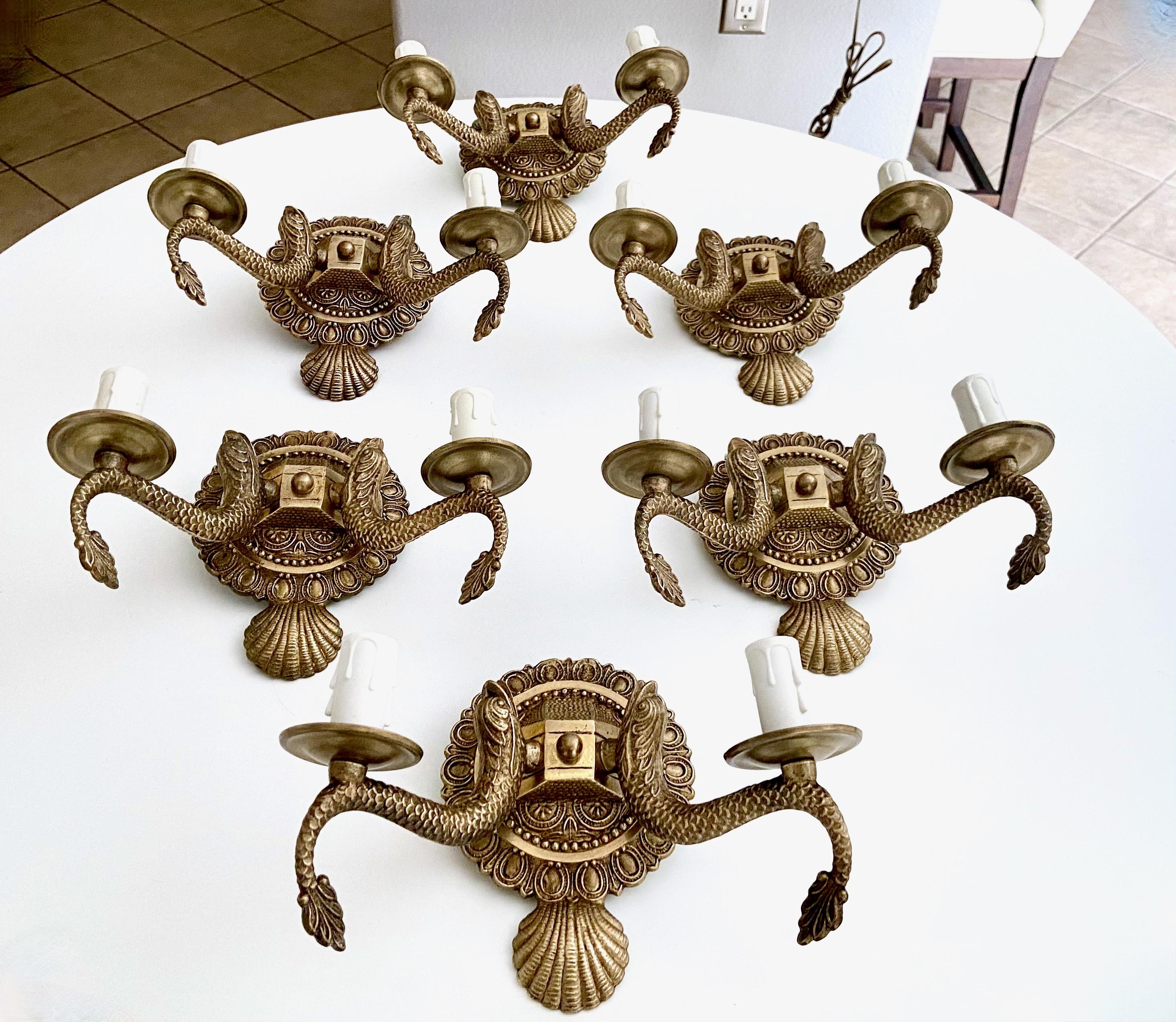 European Set 6 Neoclassic Dolphin Shell Brass Wall Sconces For Sale
