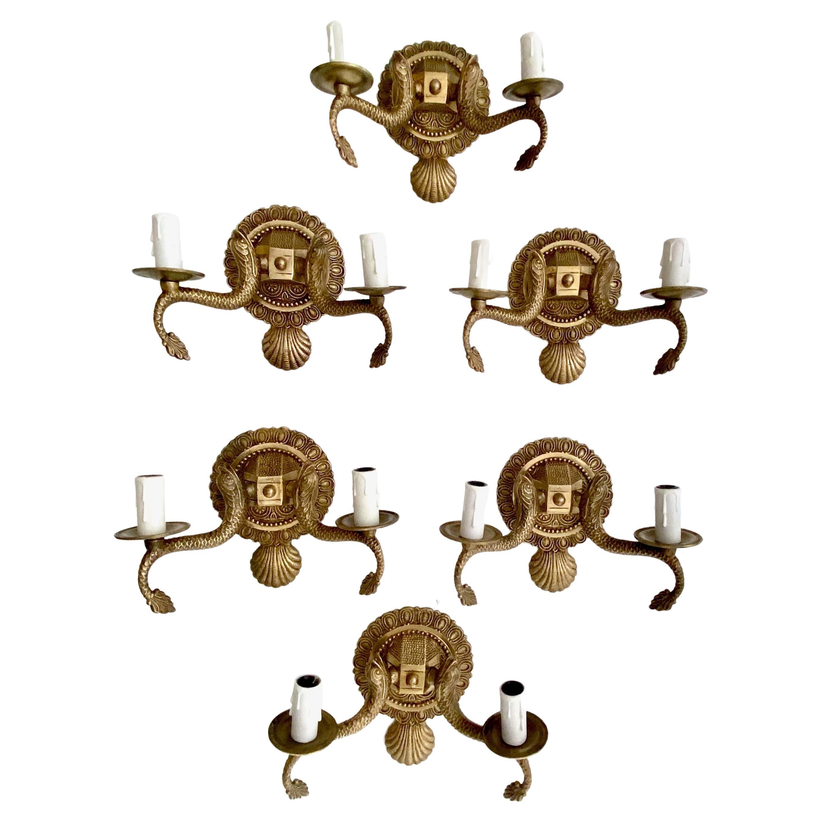 Set di 6 applique neoclassiche in ottone con conchiglia di delfino