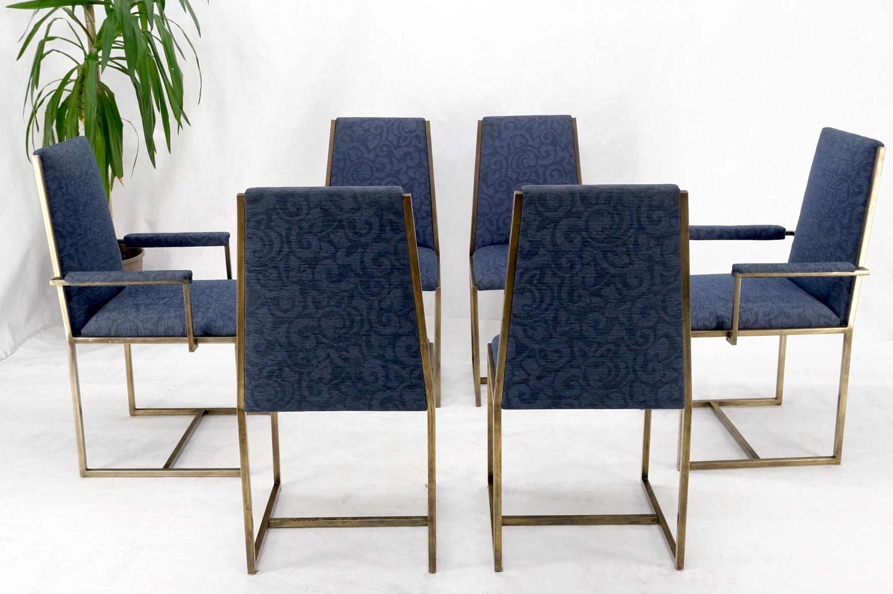 Set 6 Nice Bronze Satin Finish Blue Upholstery Dining Side Arm Chairs Armchairs For Sale 4
