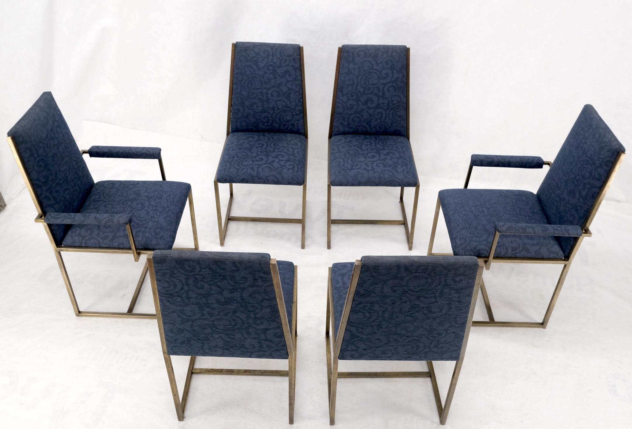 Set 6 nice bronze satin finish blue upholstery dining side arm chairs armchairs. Milo Baughman decor match.
Made in Spain.