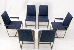 Set 6 Nice Bronze Satin Finish Blue Upholstery Dining Side Arm Chairs Armchairs