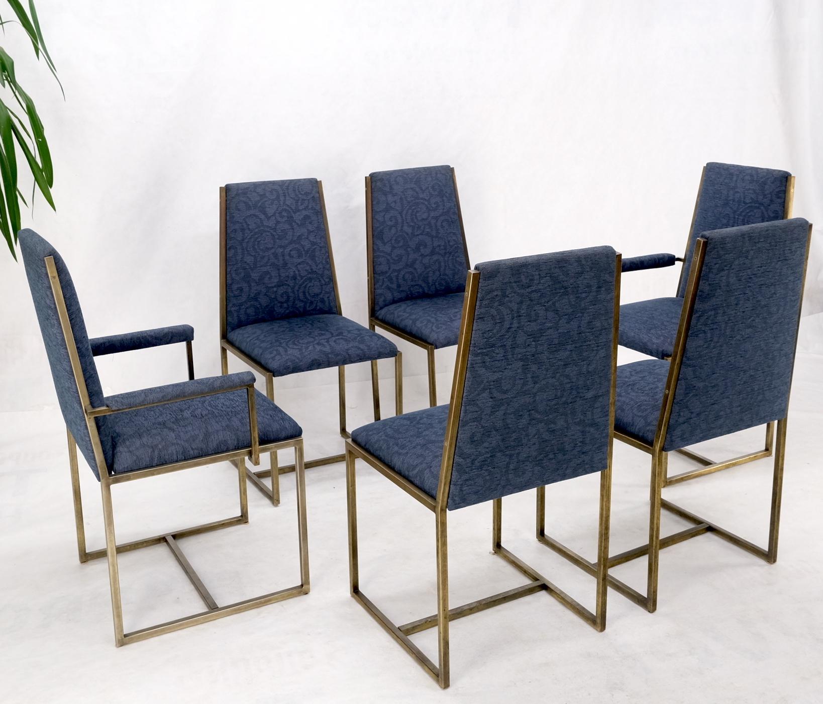 Mid-Century Modern Set 6 Nice Bronze Satin Finish Blue Upholstery Dining Side Arm Chairs Armchairs For Sale