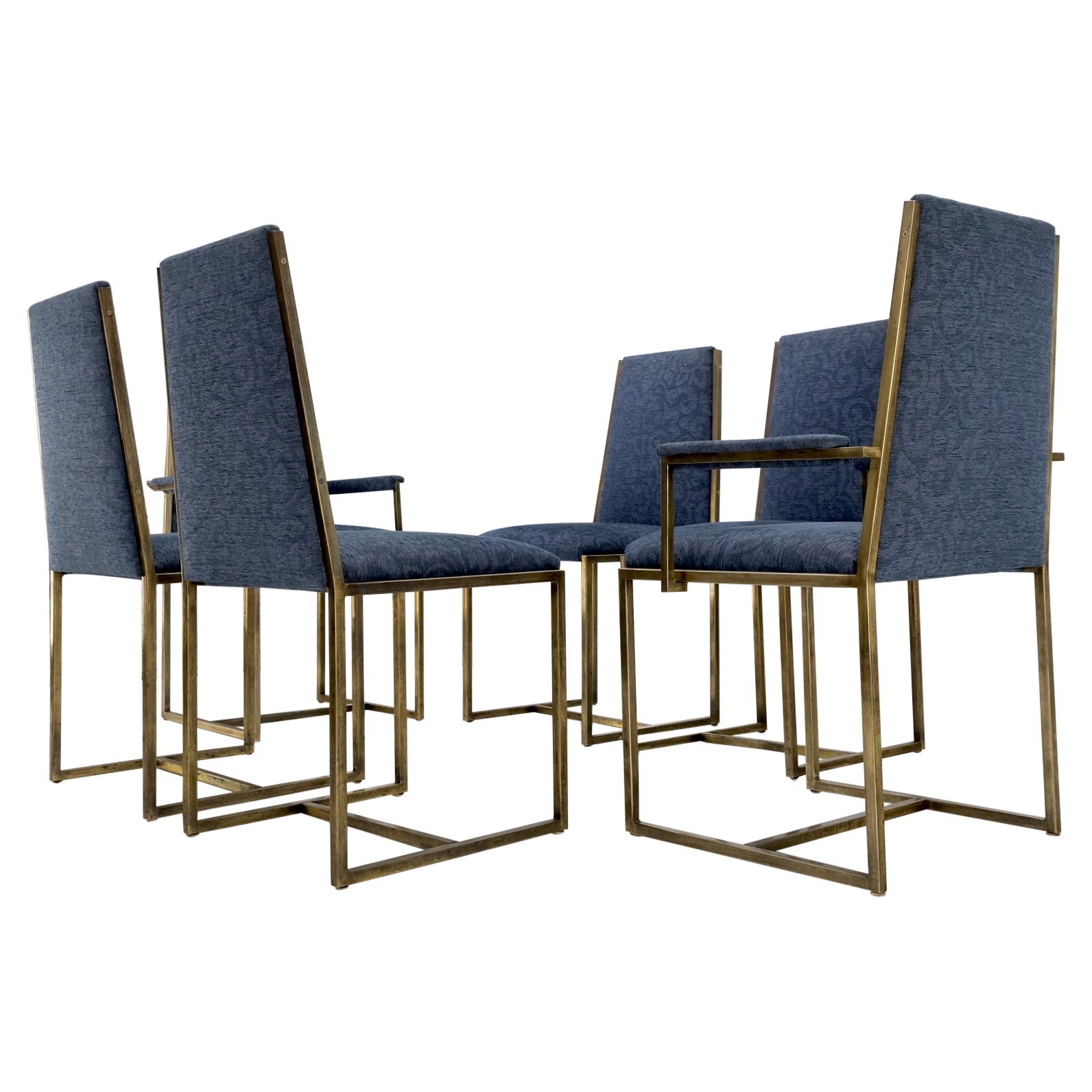 Set 6 Schöne Bronze Satin Finish Blaue Polsterung Esszimmer Beistellstühle Sessel im Angebot