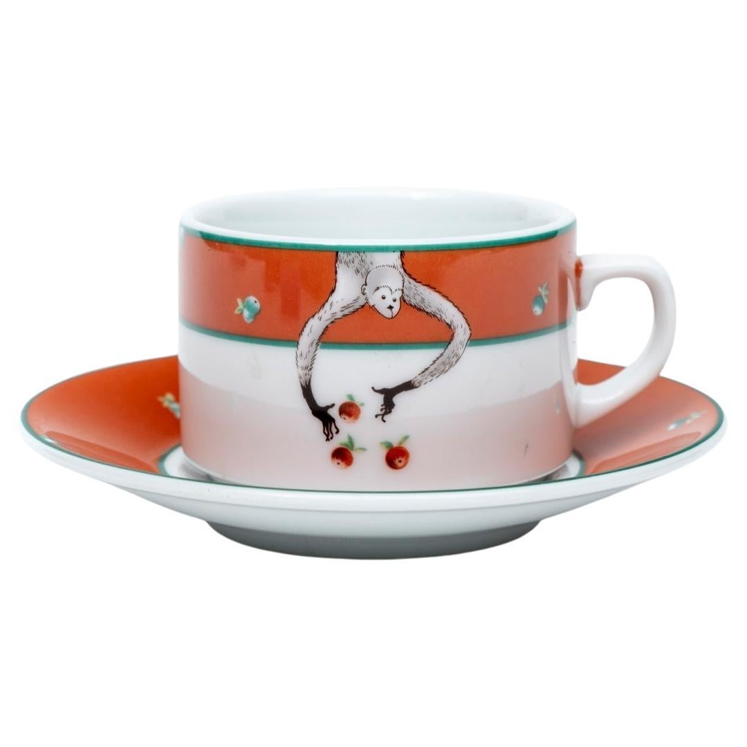 Set 6 Orange Le Cirque N.Y. Branded Bernardaud Tea Cups & Saucers with Monkeys  For Sale