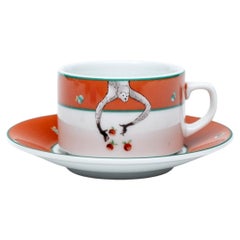 Set 6 Orange Le Cirque N.Y. Branded Bernardaud Tea Cups & Saucers with Monkeys 
