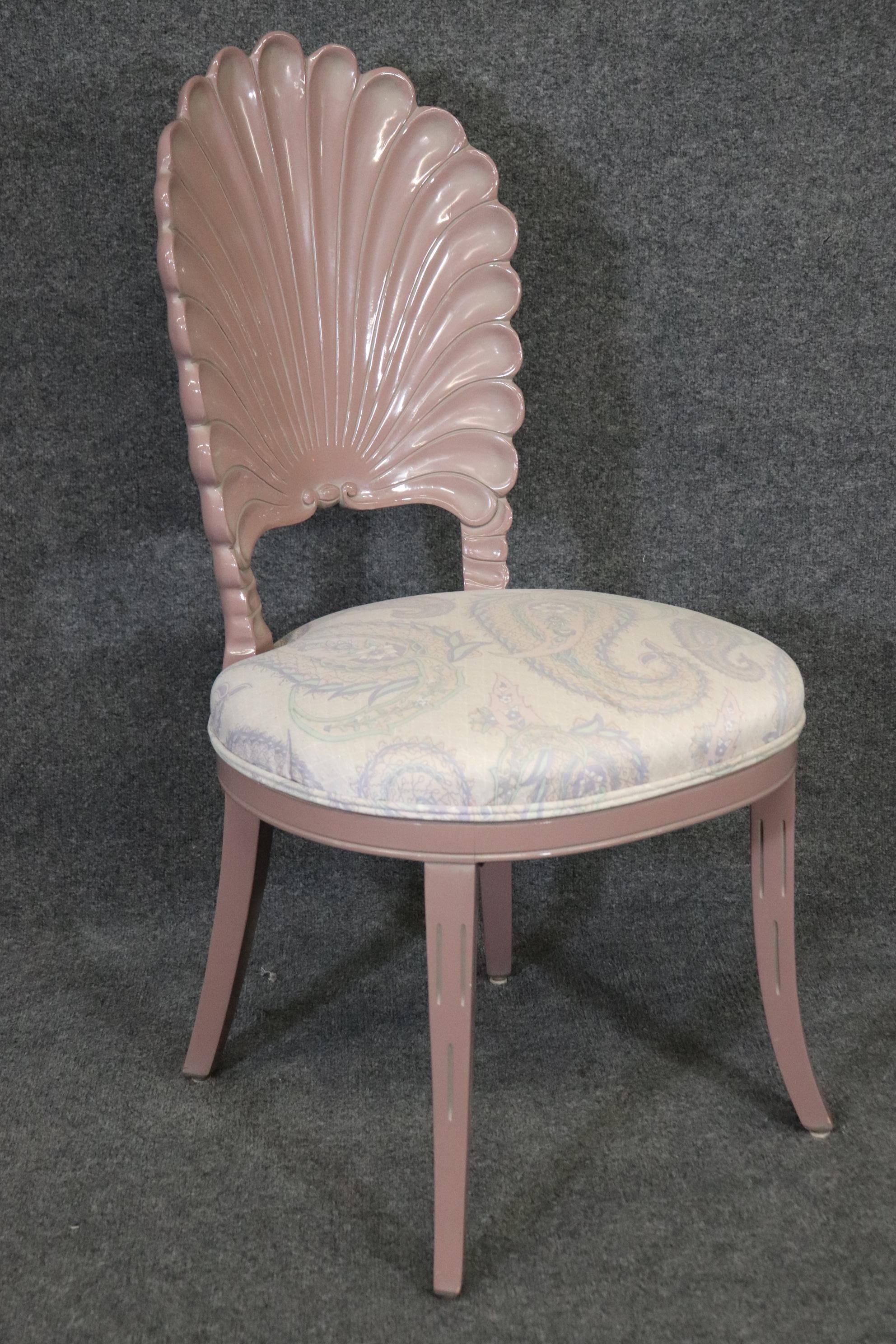 This is a stunning set of 6 Grotto shell style chairs in the manner of Serge Roche in a painted finish with beautiful paisley upholstery. The chairs can be painted in any color you wish and even done in gold leaf if desired. These chairs are very