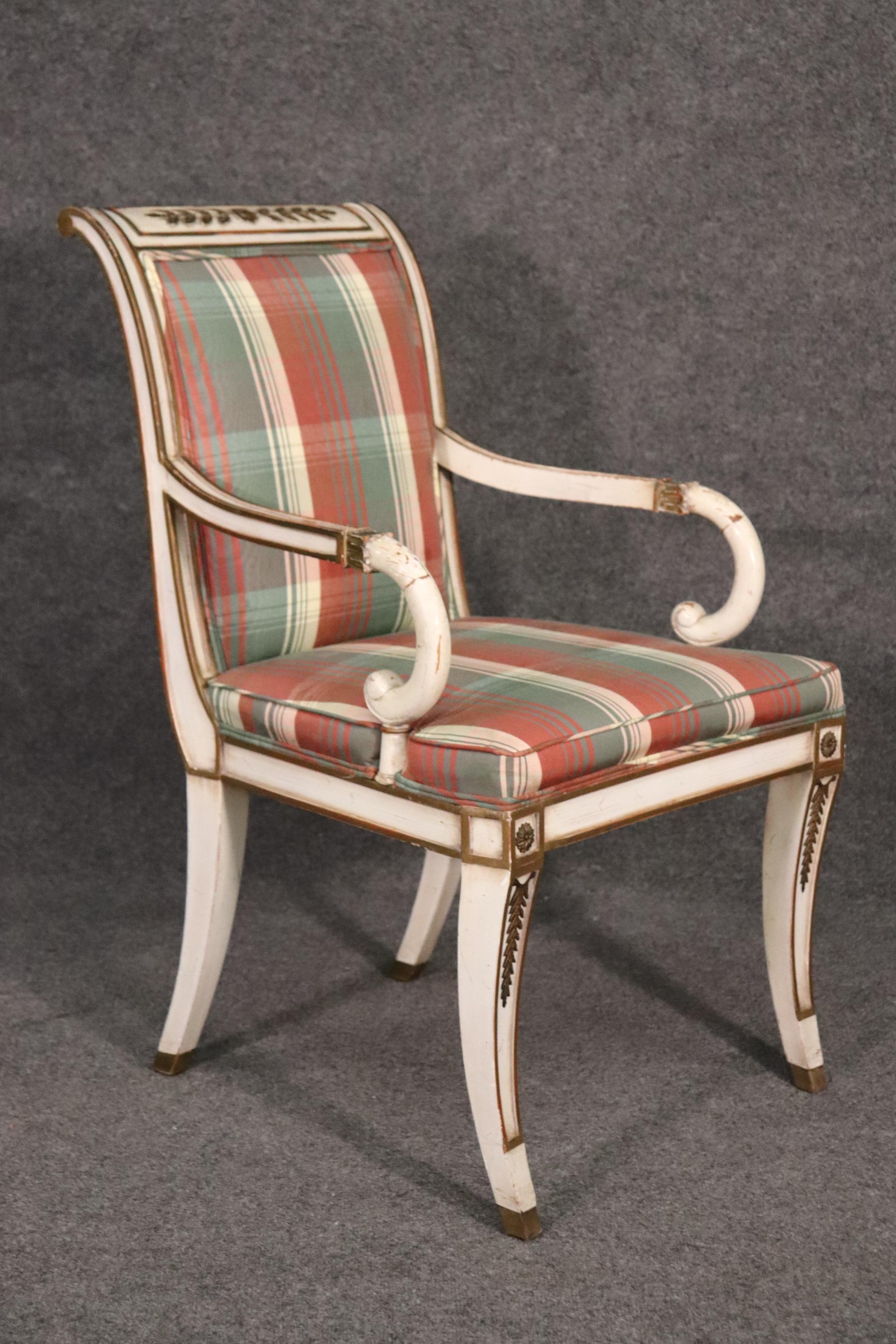 Empire Revival Set 6 Painted Bronze Ormolu Mounted Carved French Empire Style Dining Chairs