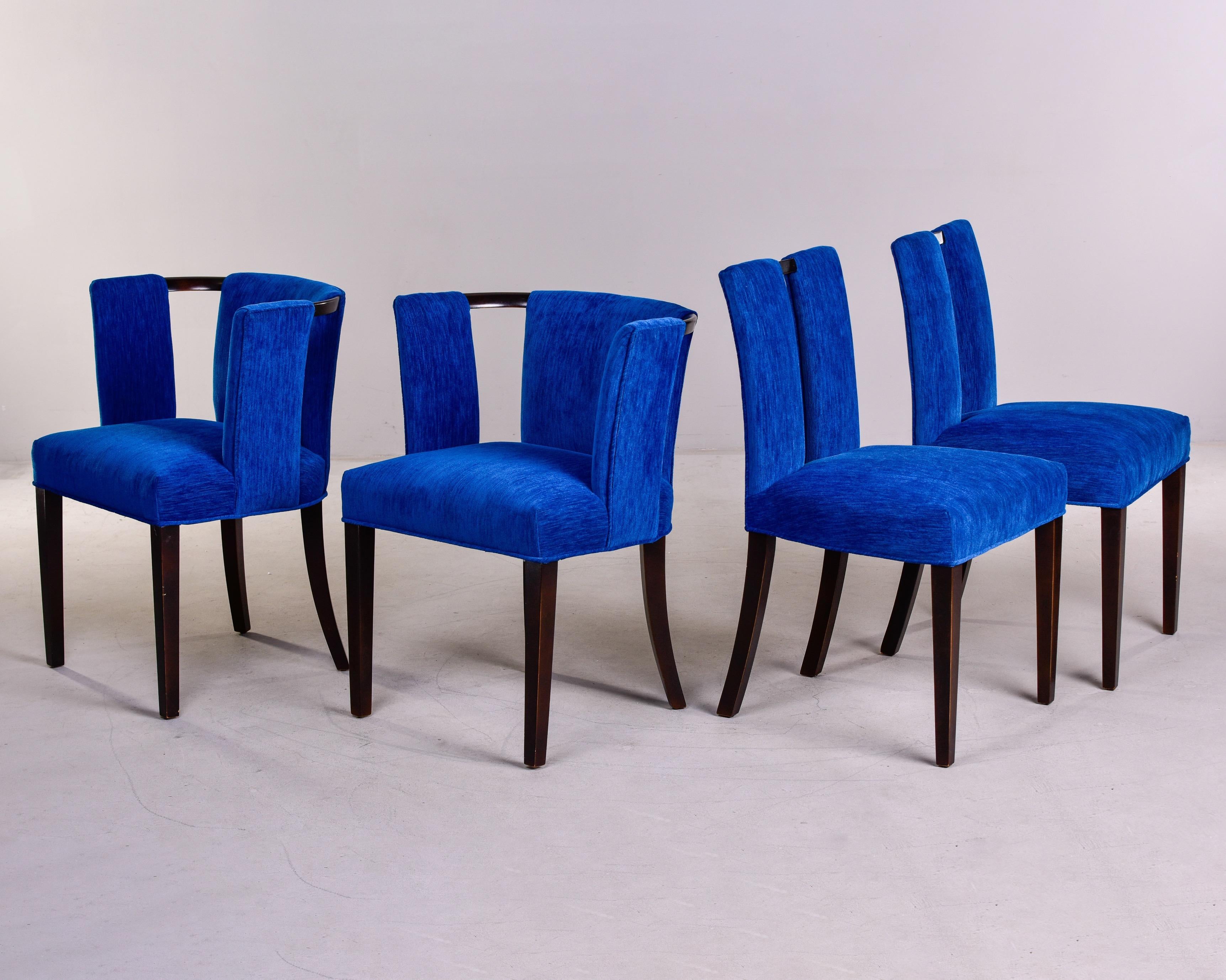 Set 6 Paul Frankl Style Mid Century Dining Chairs 2 Arm + 4 Side with New Fabric For Sale 5