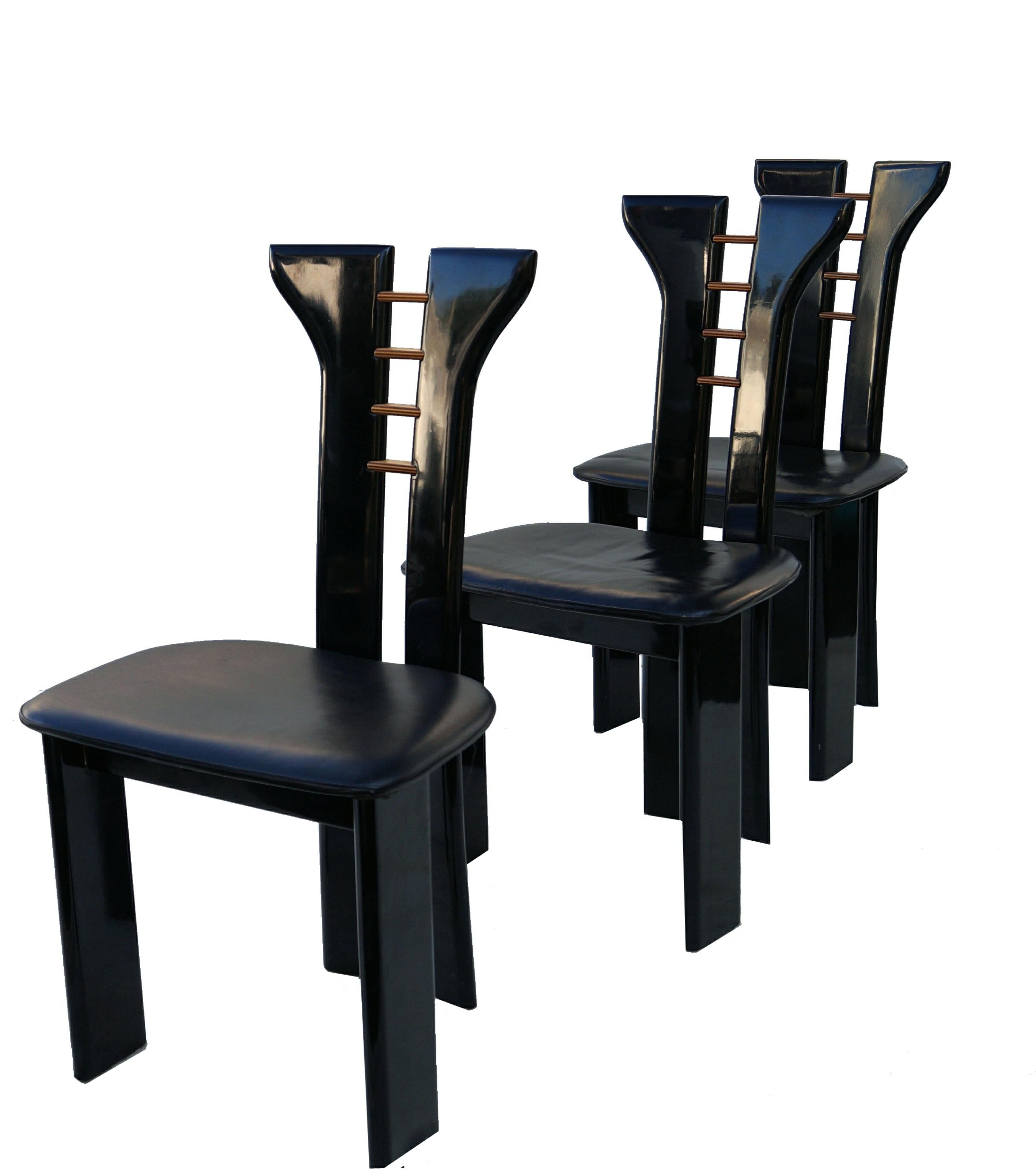 Set of 6 Pierre Cardin Roche Bobois Italian black lacquer dining conference chairs.