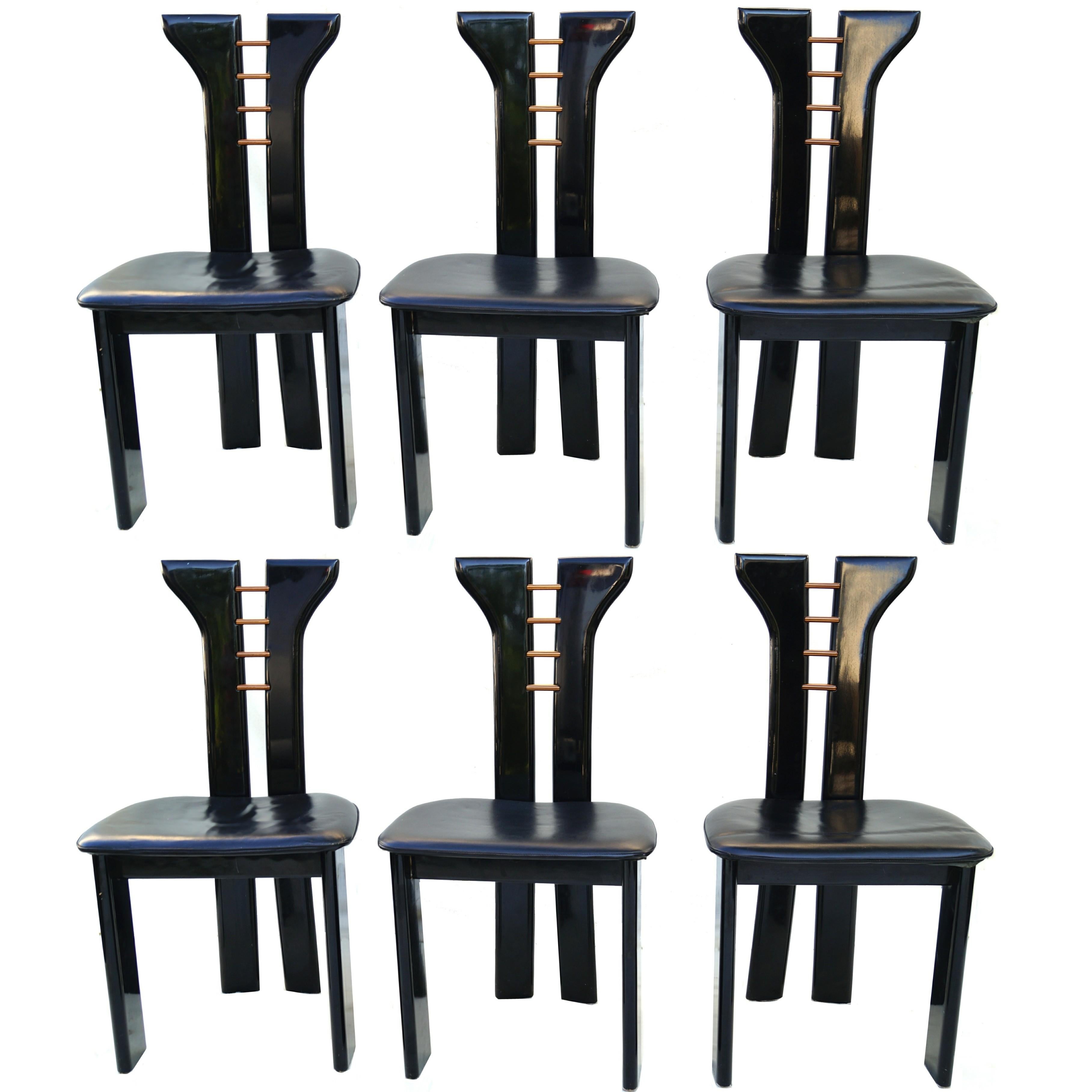 Late 20th Century Set 6 Pierre Cardin Roche Bobois Italian Black Lacquer Dining Conference Chairs