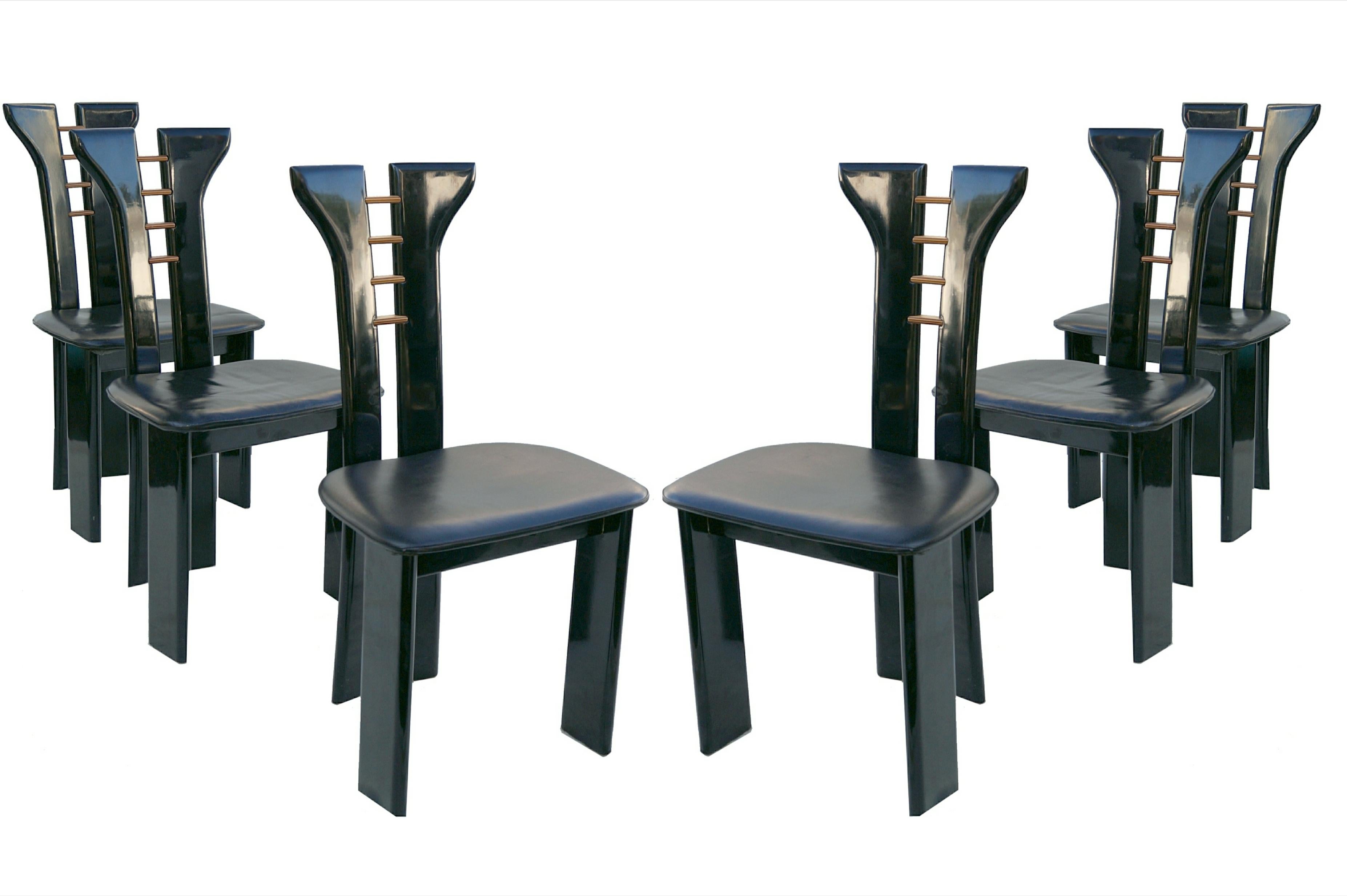 Wood Set 6 Pierre Cardin Roche Bobois Italian Black Lacquer Dining Conference Chairs