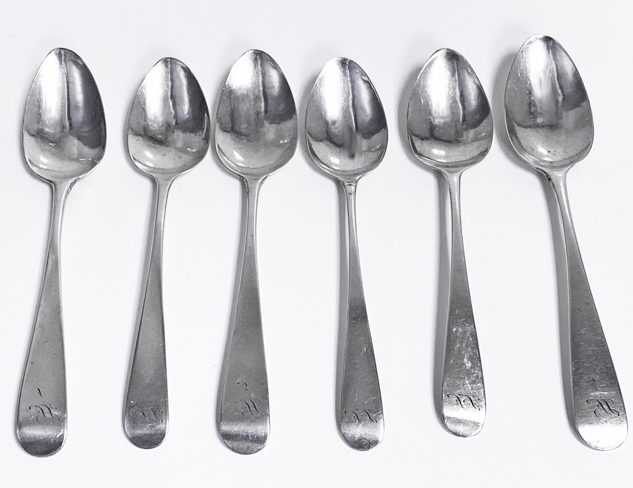 Set 6 Scottish Georgian Silver Old English Spoons Edinburgh C.1808 3 James Gordon of Aberdeen and 3 Mitchell and Russell. Plain light monogram possibly IL. Lengths: 5.25 inches. Weight: 78.33 grams. Condition: light wear commensurate with age.