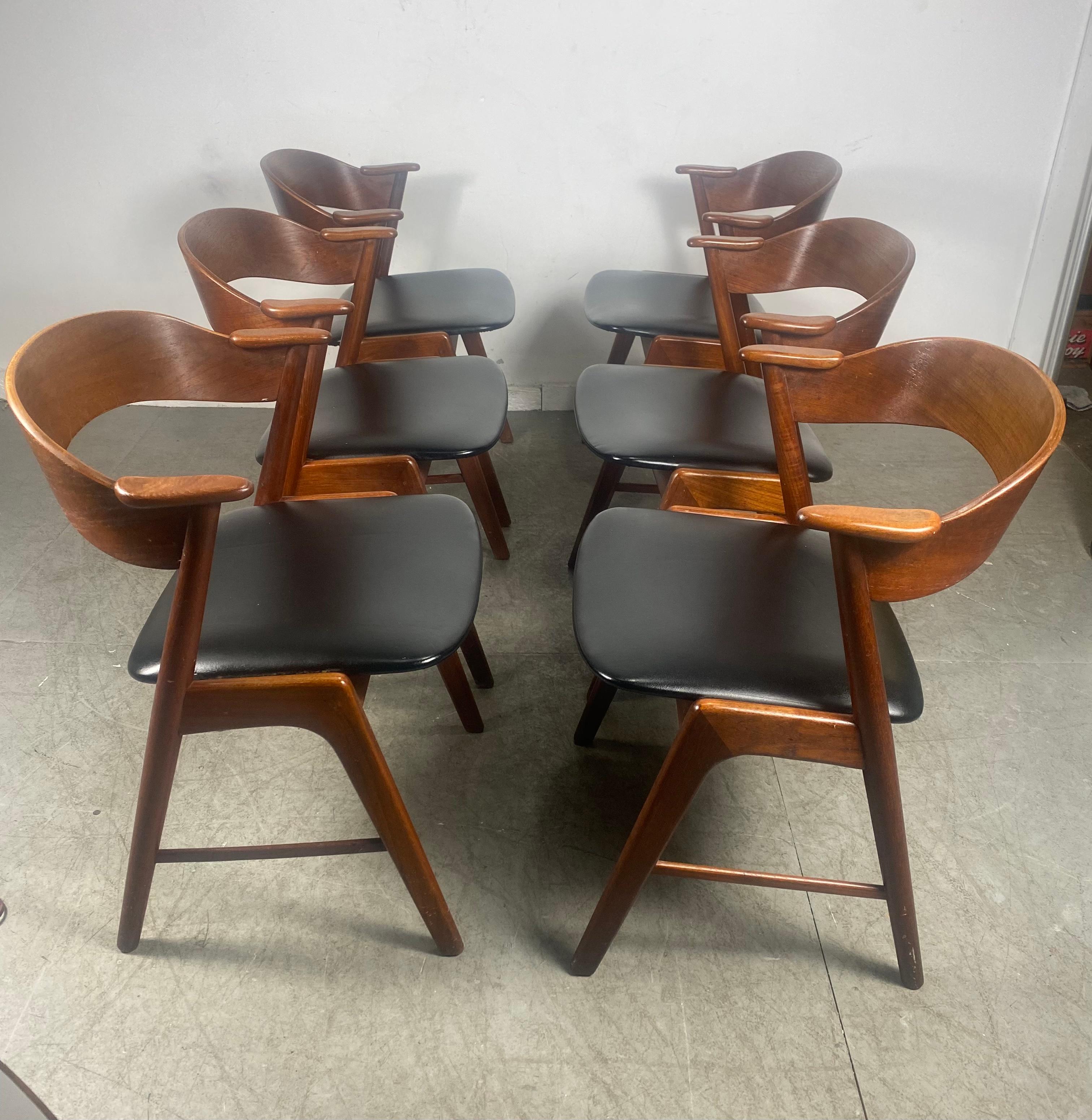 Set 6 sculptural teak dining chairs by Kai Kristiansen for K.S.Moblier / Denmark. Nice original condition. Finish and patina. Extremely comfortable, superior quality and construction. Tight joints, sturdy, Classic Danish Modernist design. Hand