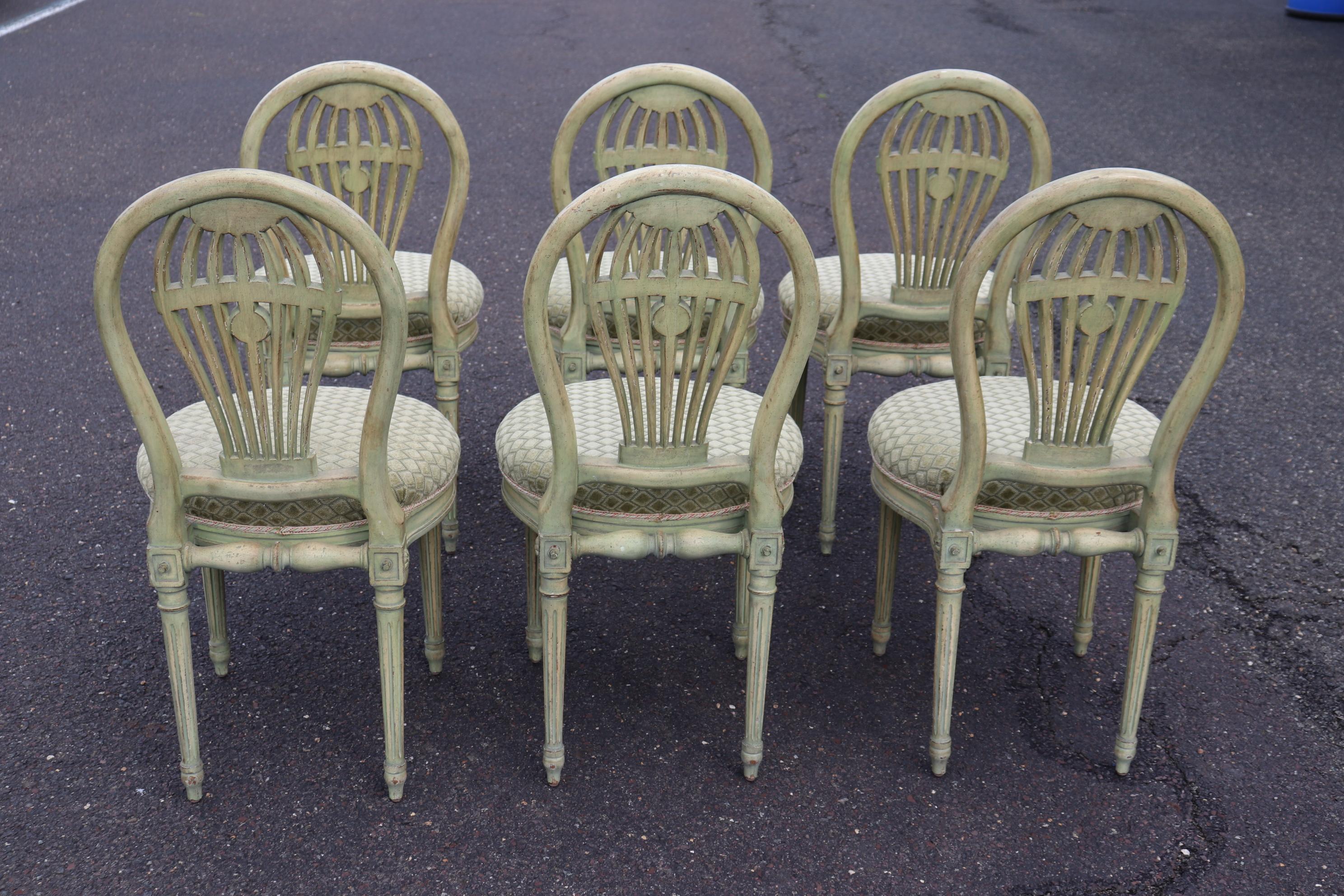 Set 6 Signed Maison Jansen Balloon Back Carved Green Painted Dining Chairs 4