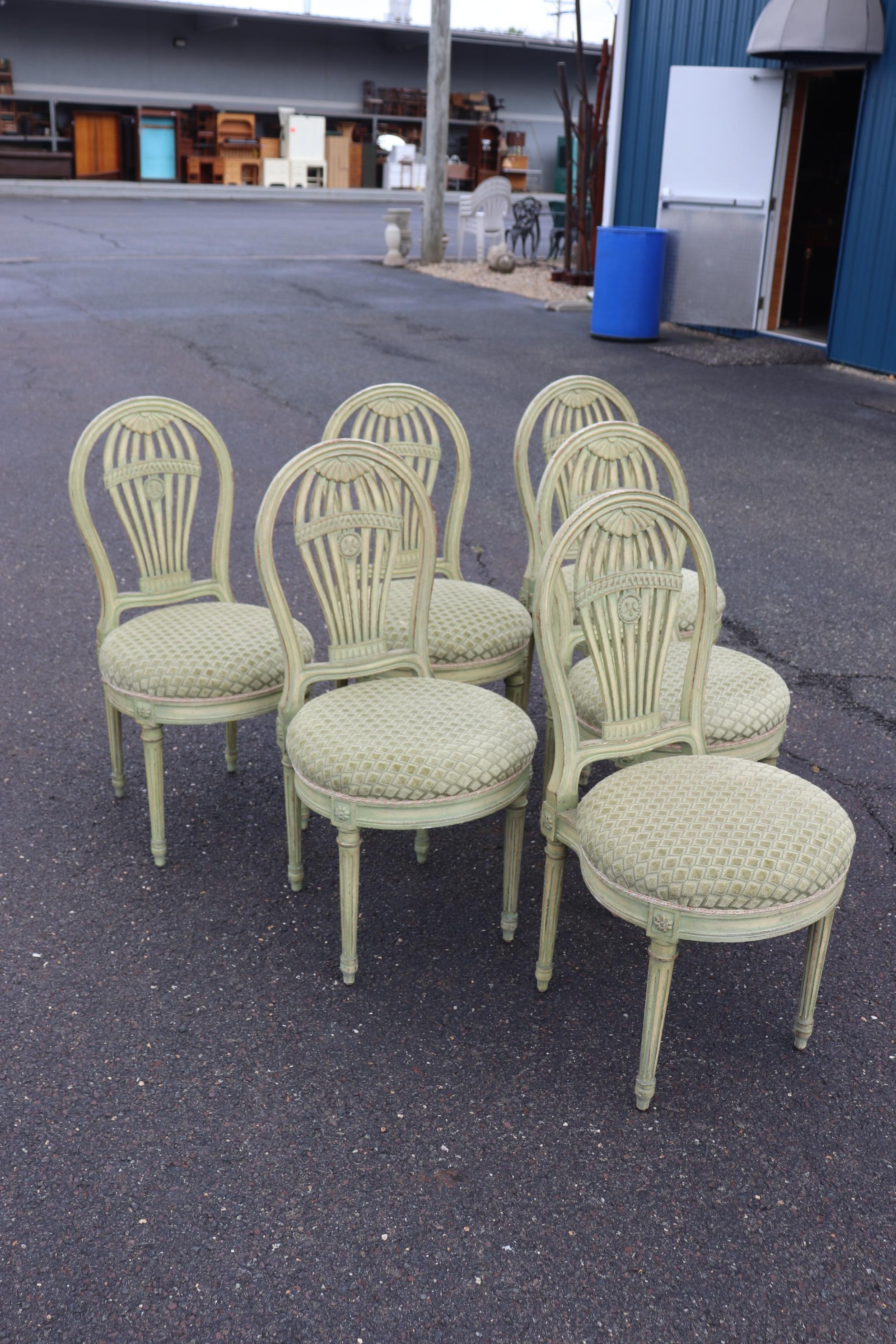 Mid-20th Century Set 6 Signed Maison Jansen Balloon Back Carved Green Painted Dining Chairs