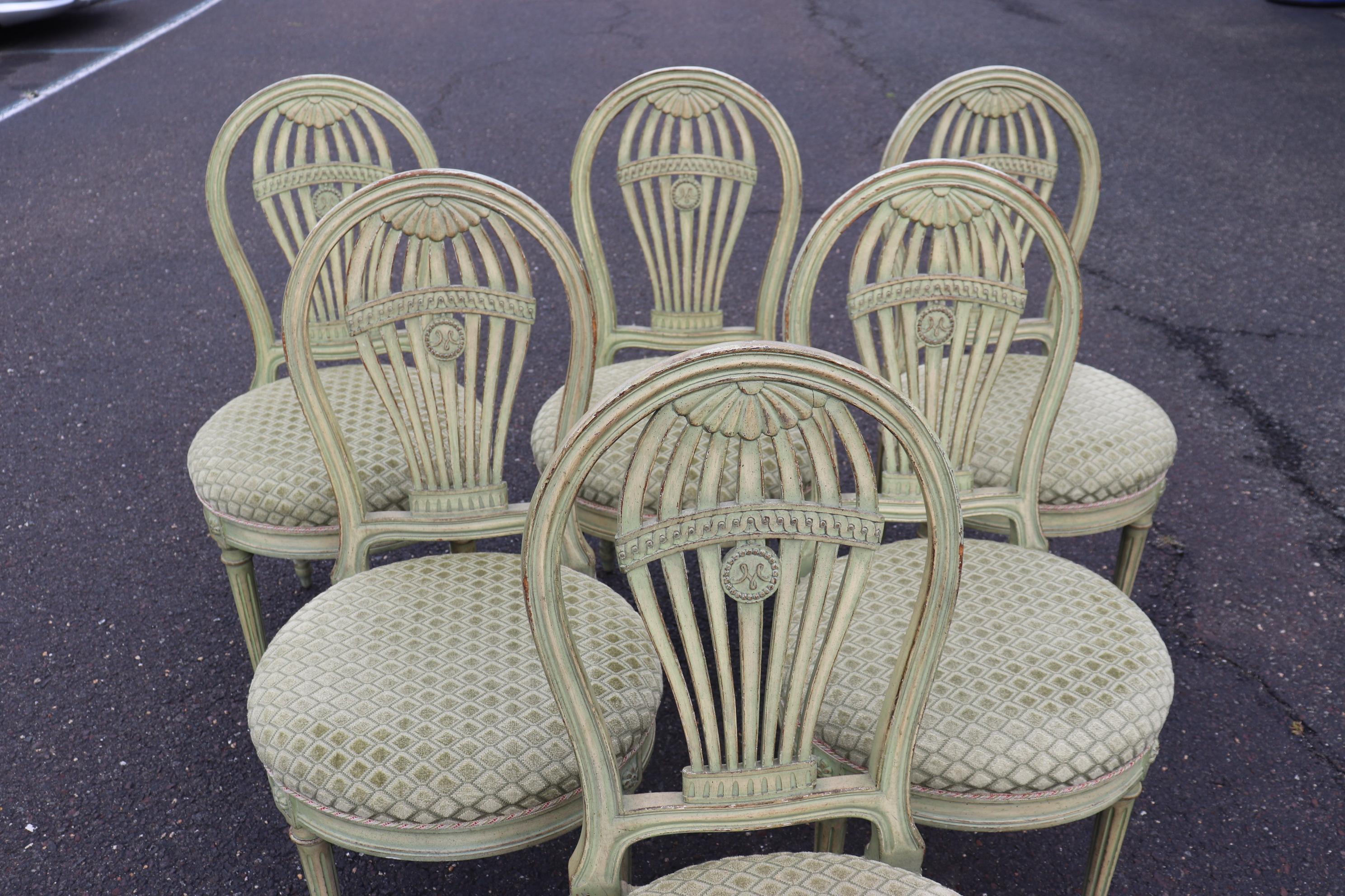 Set 6 Signed Maison Jansen Balloon Back Carved Green Painted Dining Chairs 1