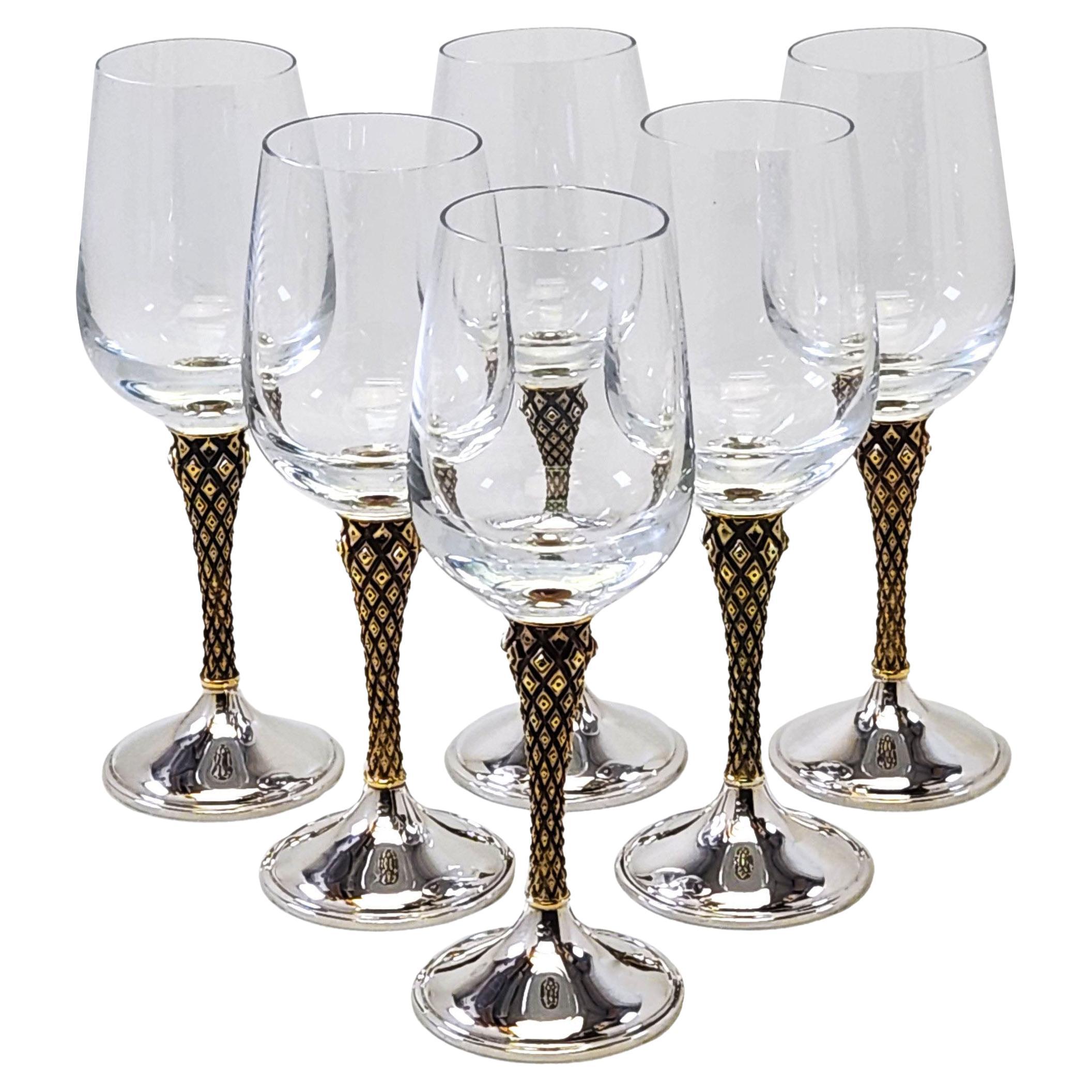 Set 6 Silver Gilt & Glass Wine Glasses Anthony Elson for Asprey  1976 / 77 Boxed