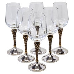 Ensemble de 6 verres à vin en argent doré et verre Anthony Elson pour Asprey  1976 / 77 Boîte