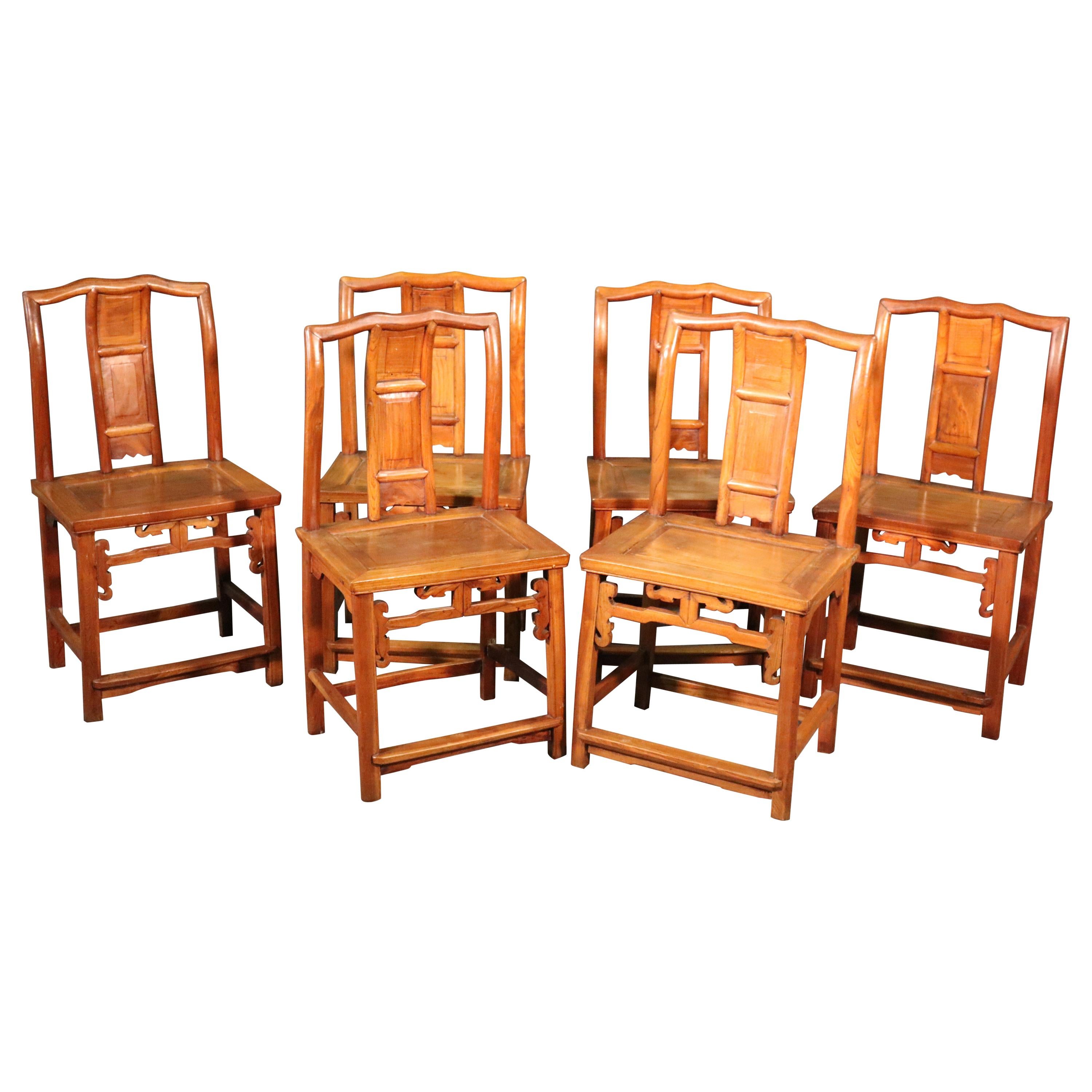 Set of 6 Six Asian Tan Su Style Chinese Camphor Wood Dining Chairs, circa 1890s