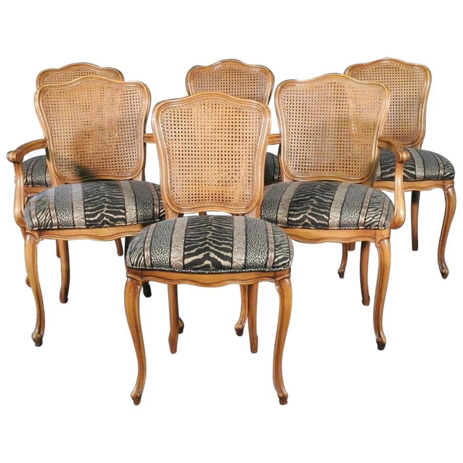 Set 6 Six French Cane Back Upholstered Seat Louis XV Dining Chairs
