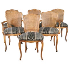 Vintage Set 6 Six French Cane Back Upholstered Seat Louis XV Dining Chairs