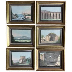 Set 6 Small Antique 19th Century Italian Grand Tour Gouache Watercolor Paintings