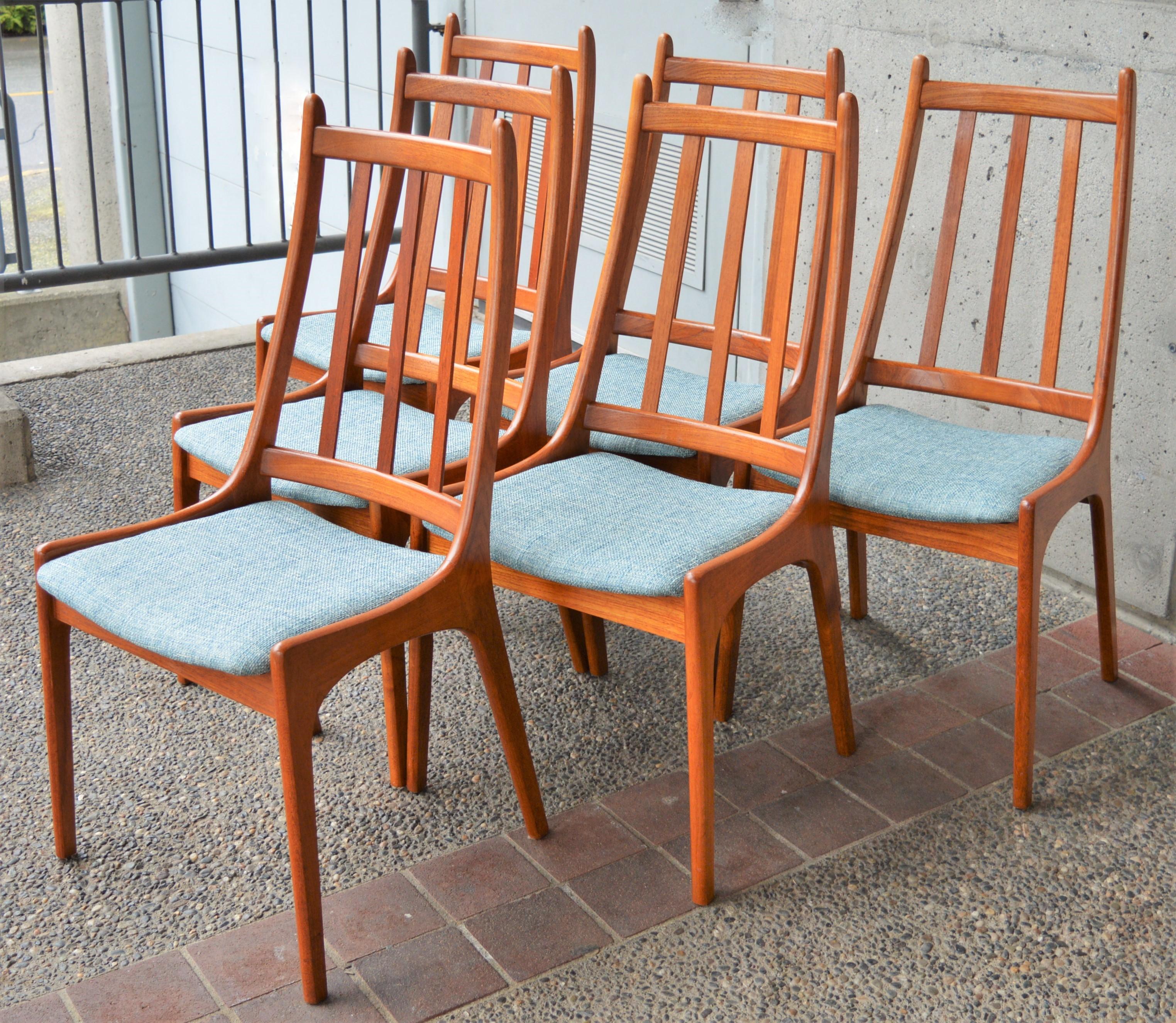 Mid-Century Modern Set of 6 Solid Teak Comb Back Dining Chairs by Kai Kristiansen, Denmark, 1960s