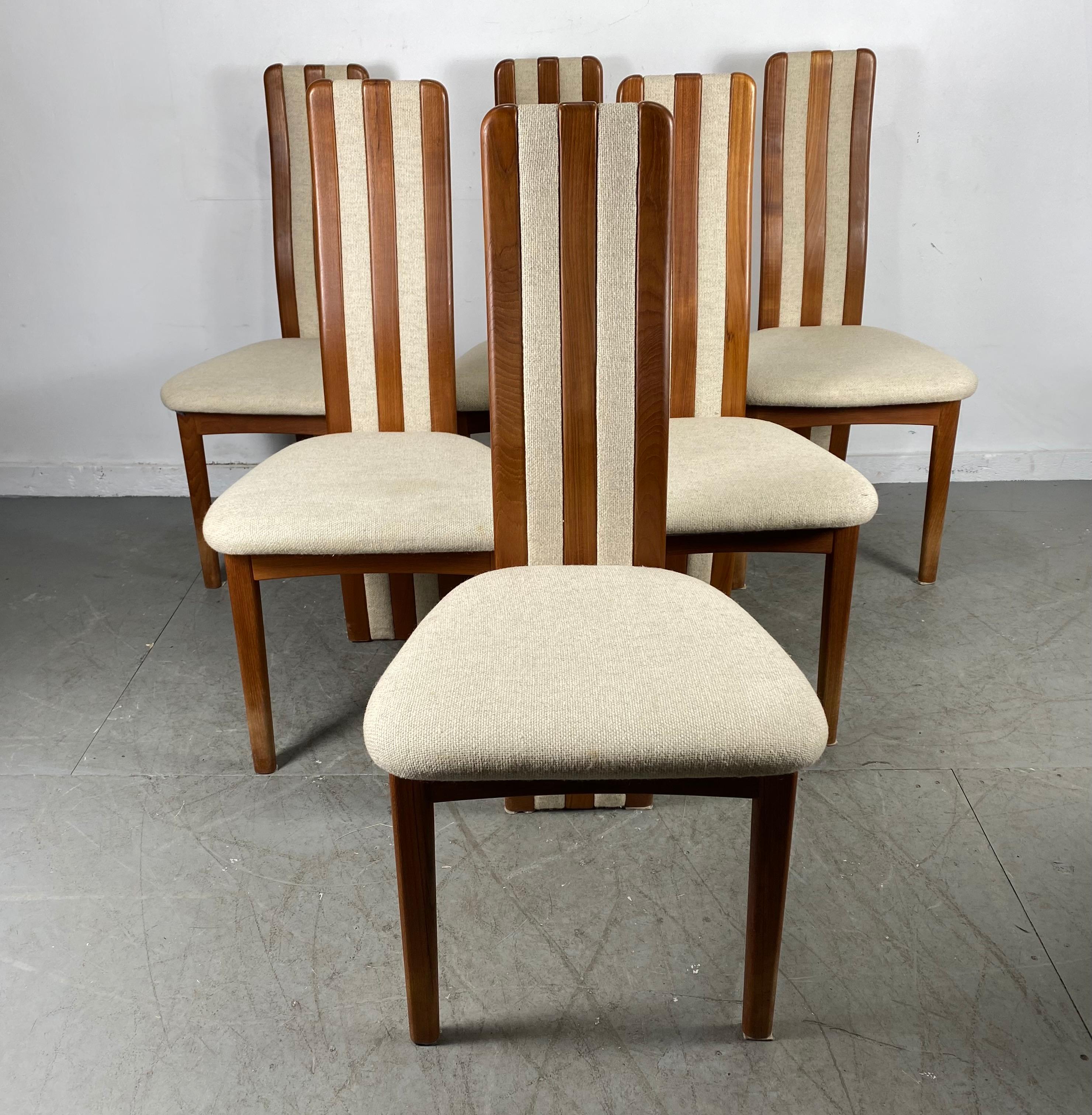 Set of 6 teak and fabric high back dining chairs by Korup Stolefabrik / Denmark, unusual set, solid teak wood construction, finger-joints, beautiful quality wool fabric, extremely comfortable.