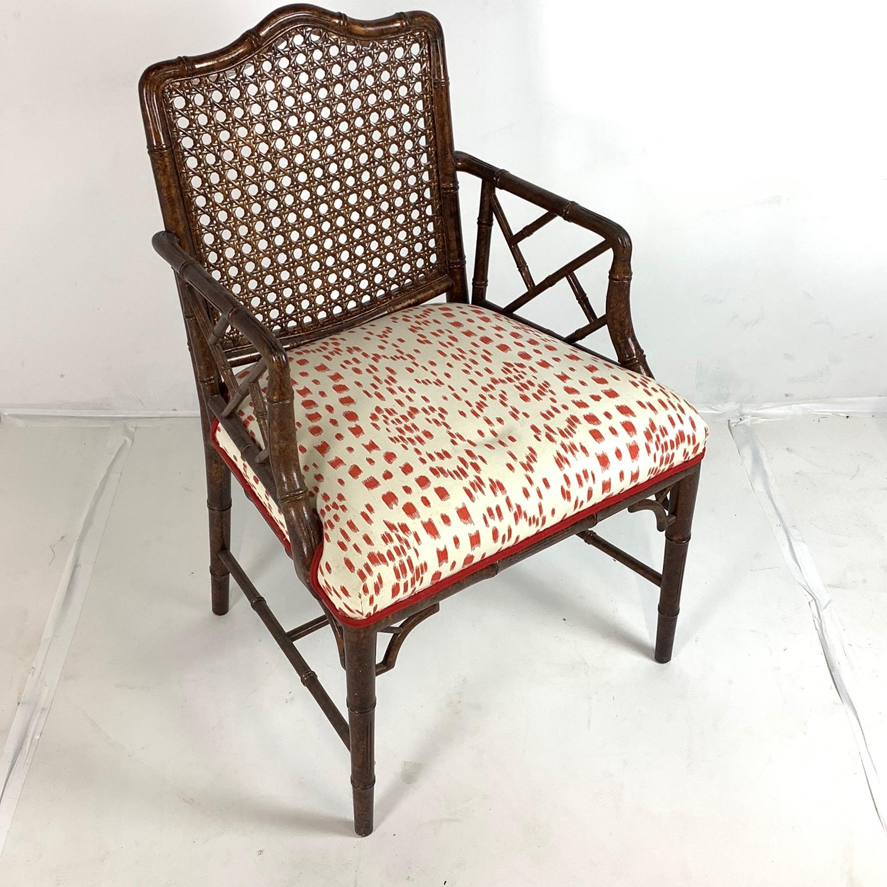 Set of 6 Upholstered Faux Bois Bamboo Chinese Chippendale Cane Dining Chairs 5