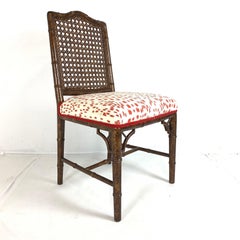 Set of 6 Upholstered Faux Bois Bamboo Chinese Chippendale Cane Dining Chairs