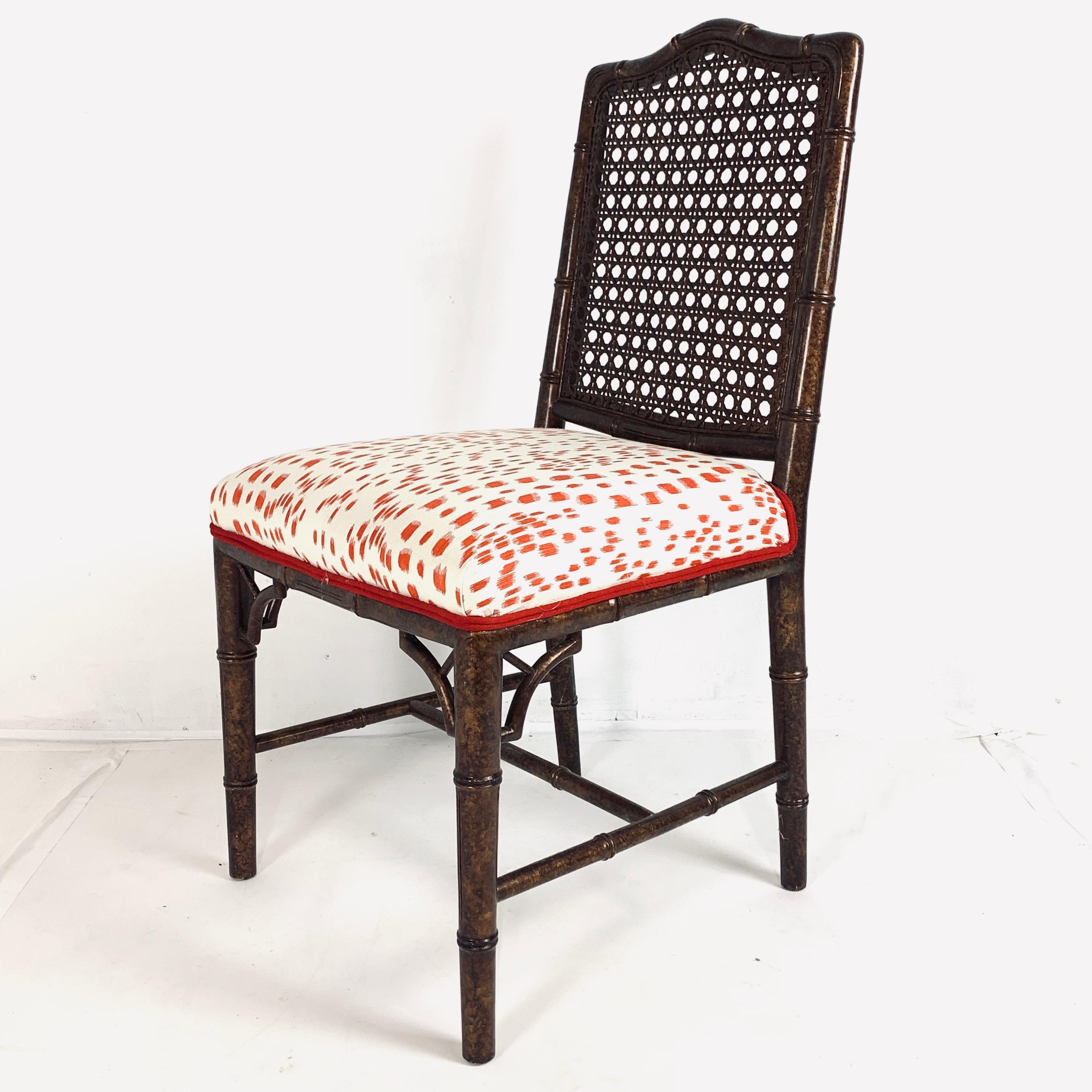 Set of 6 Upholstered Faux Bois Bamboo Chinese Chippendale Cane Dining Chairs In Good Condition In Hudson, NY