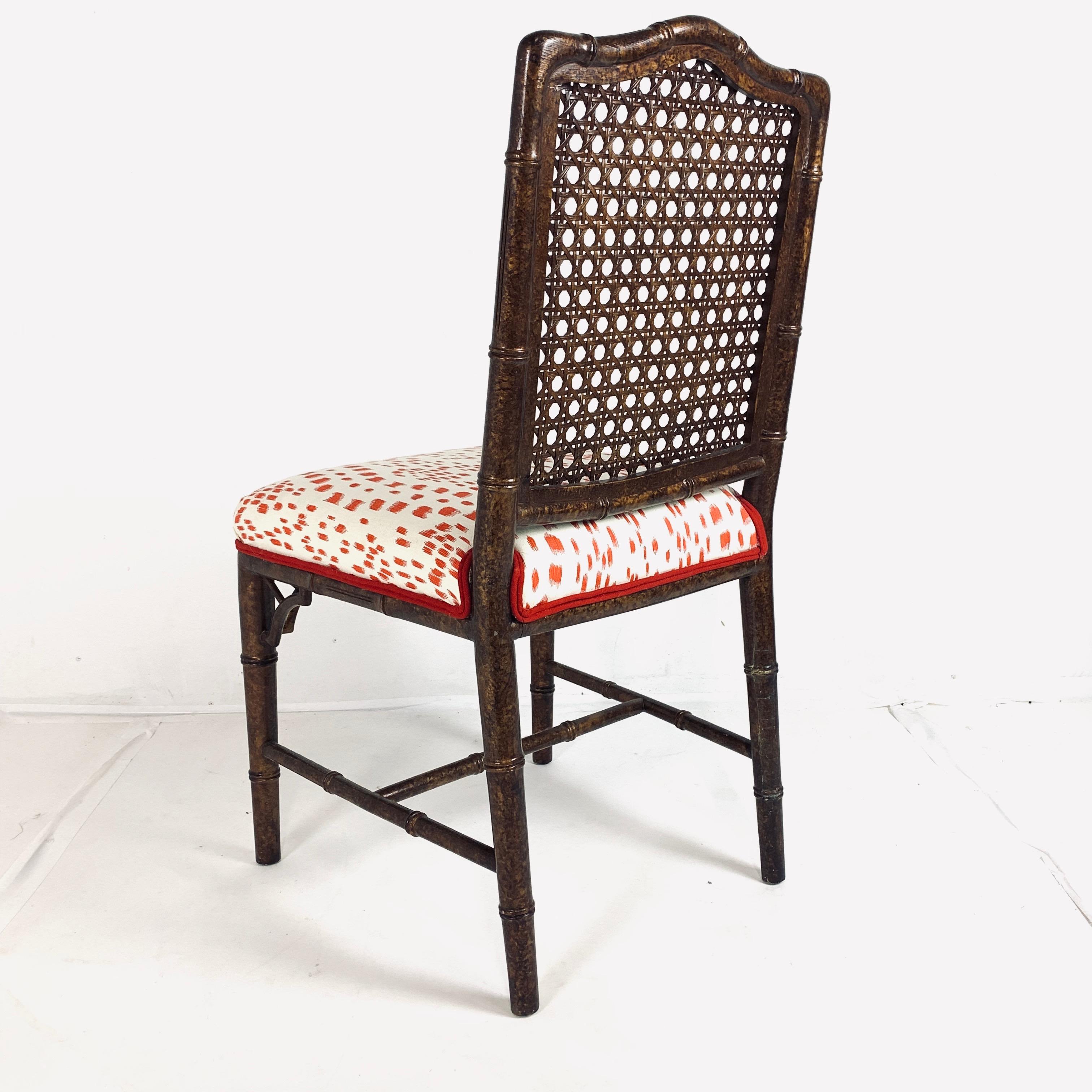 20th Century Set of 6 Upholstered Faux Bois Bamboo Chinese Chippendale Cane Dining Chairs