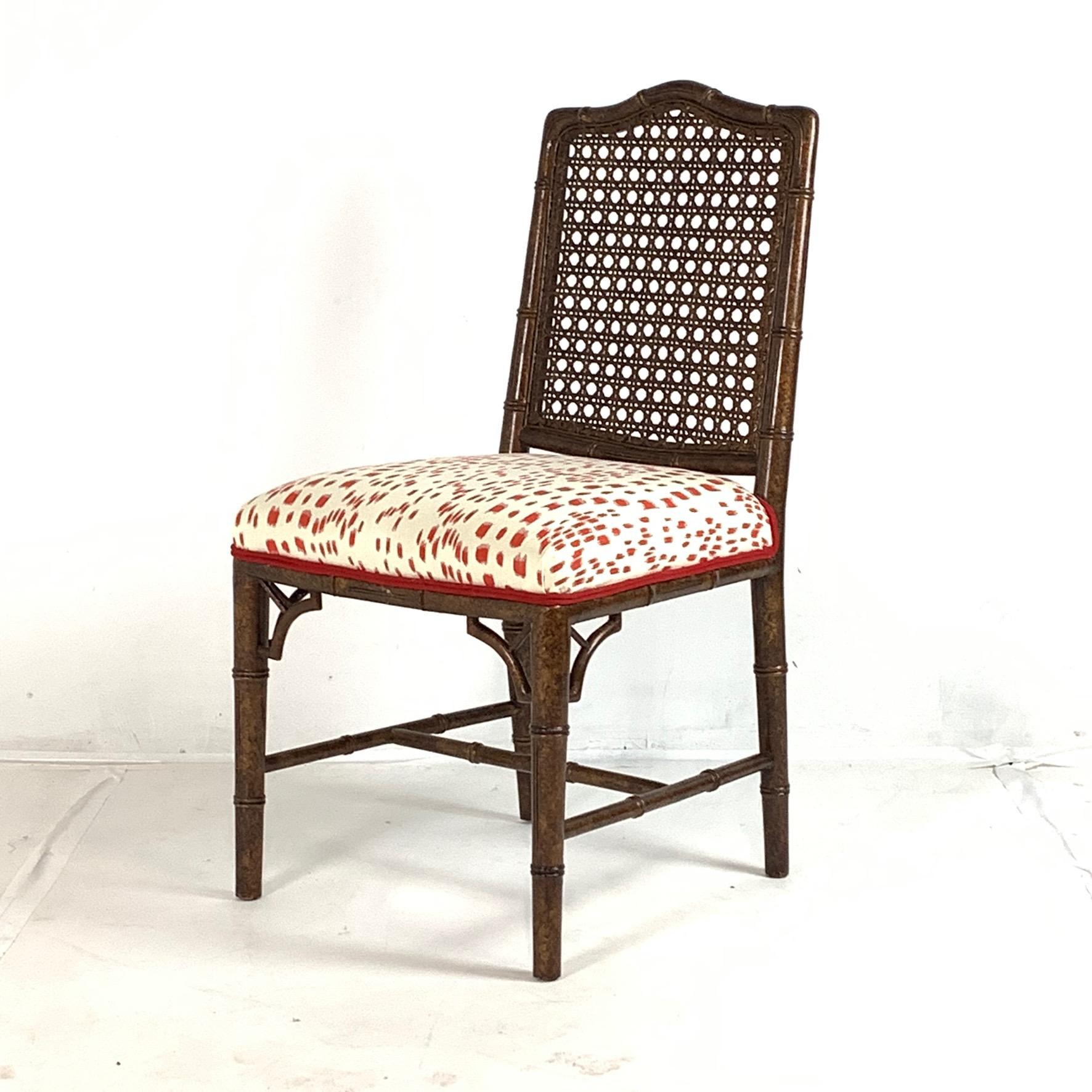 Upholstery Set of 6 Upholstered Faux Bois Bamboo Chinese Chippendale Cane Dining Chairs