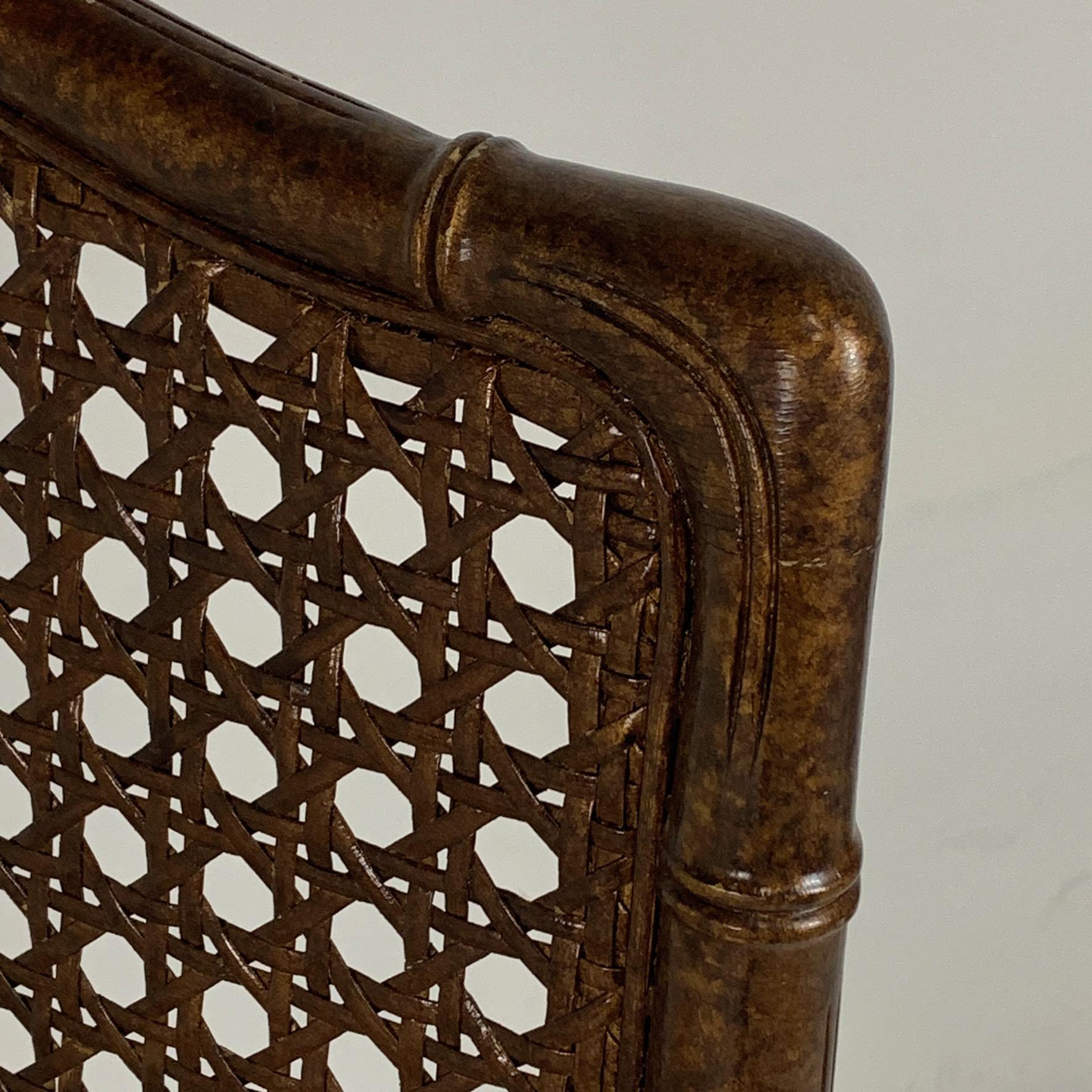 American Set of 6 Upholstered Faux Bois Bamboo Chinese Chippendale Cane Dining Chairs
